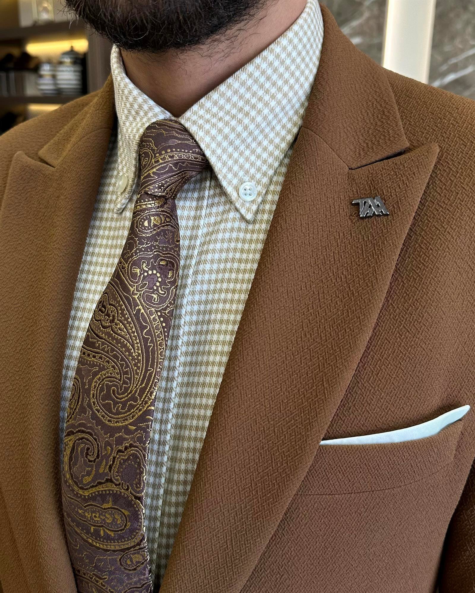 İtalyan stil slim fit  ceket pantolon takım elbise camel T10005