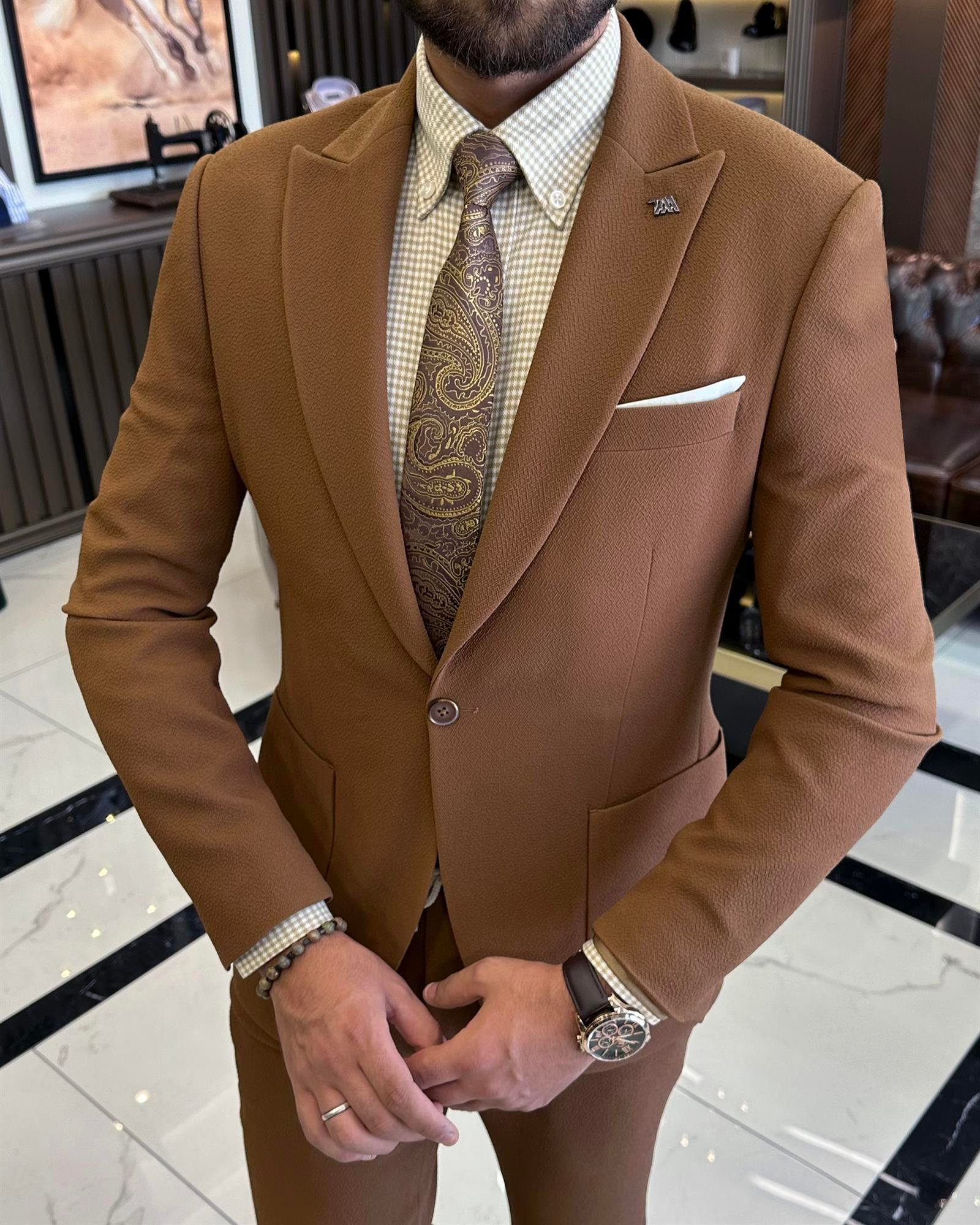 İtalyan stil slim fit  ceket pantolon takım elbise camel T10005