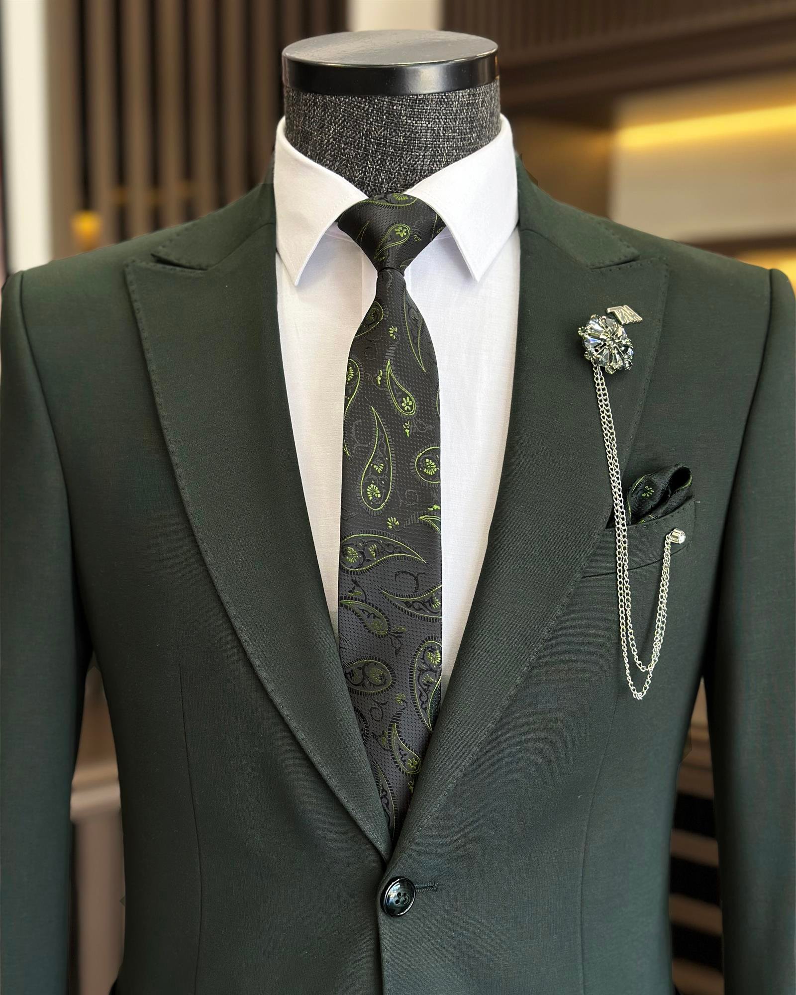 İtalyan stil slim fit ceket pantolon takım elbise yeşil T9688