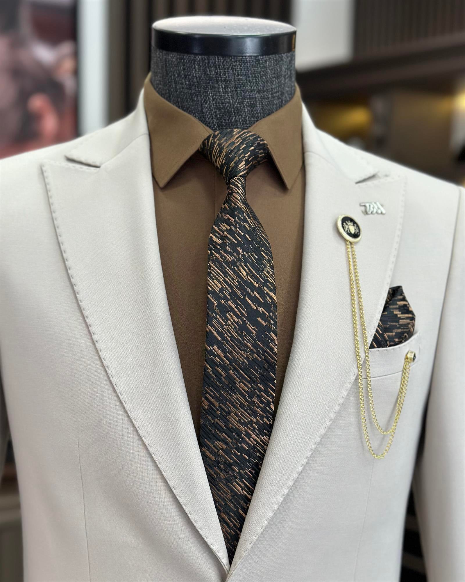 Italian style slim fit jacket pant suit beige T9689