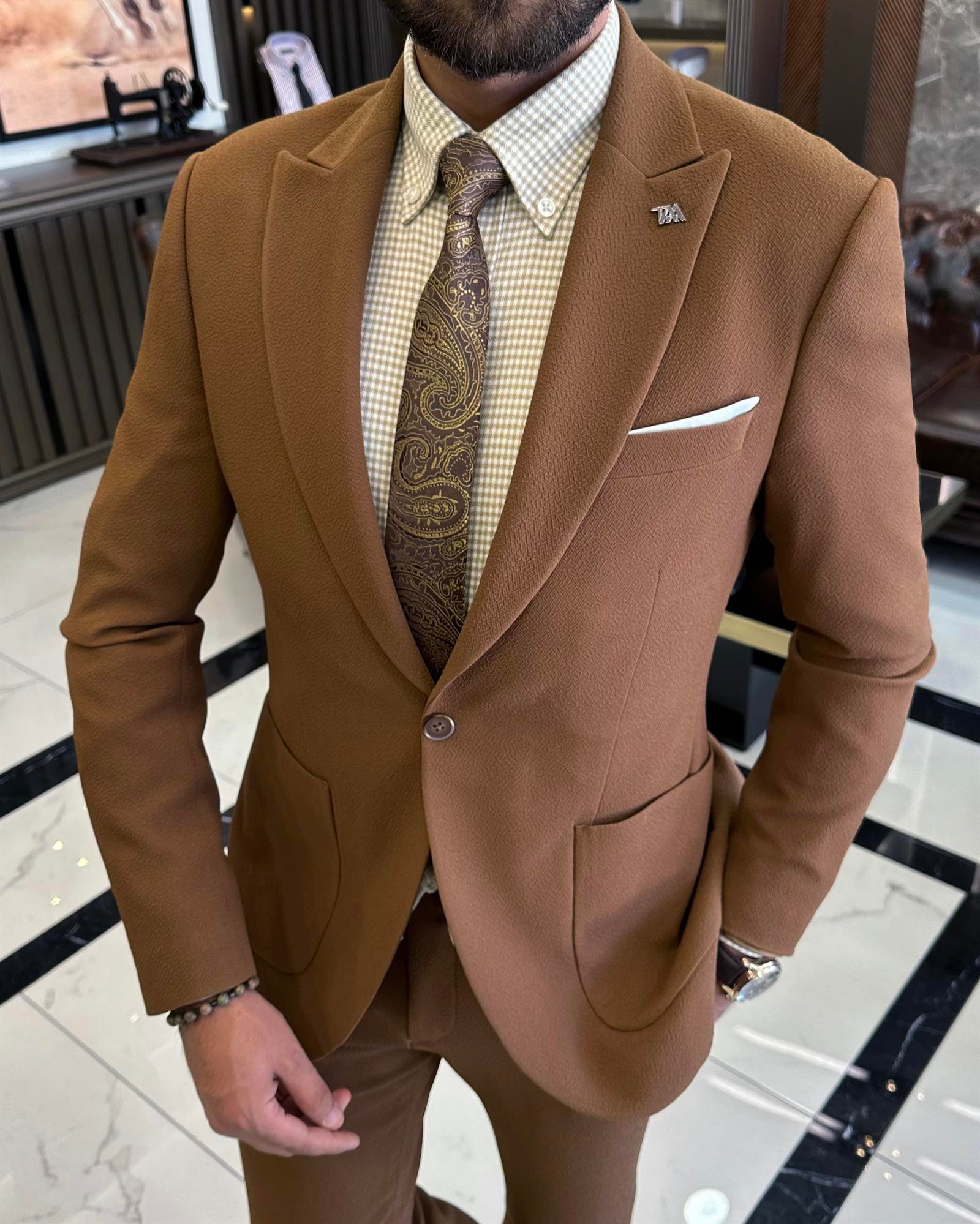 İtalyan stil slim fit  ceket pantolon takım elbise camel T10005
