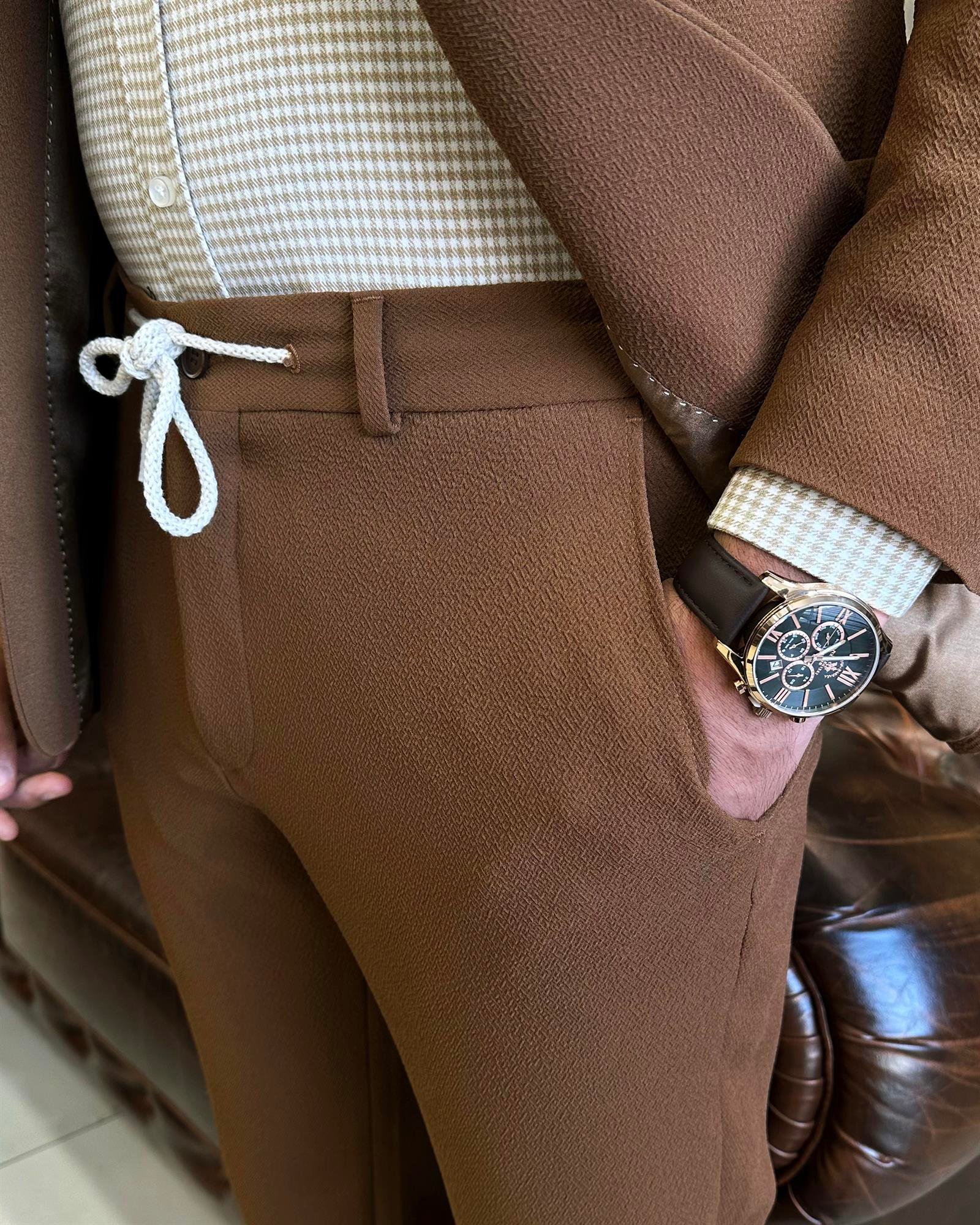 İtalyan stil slim fit  ceket pantolon takım elbise camel T10005