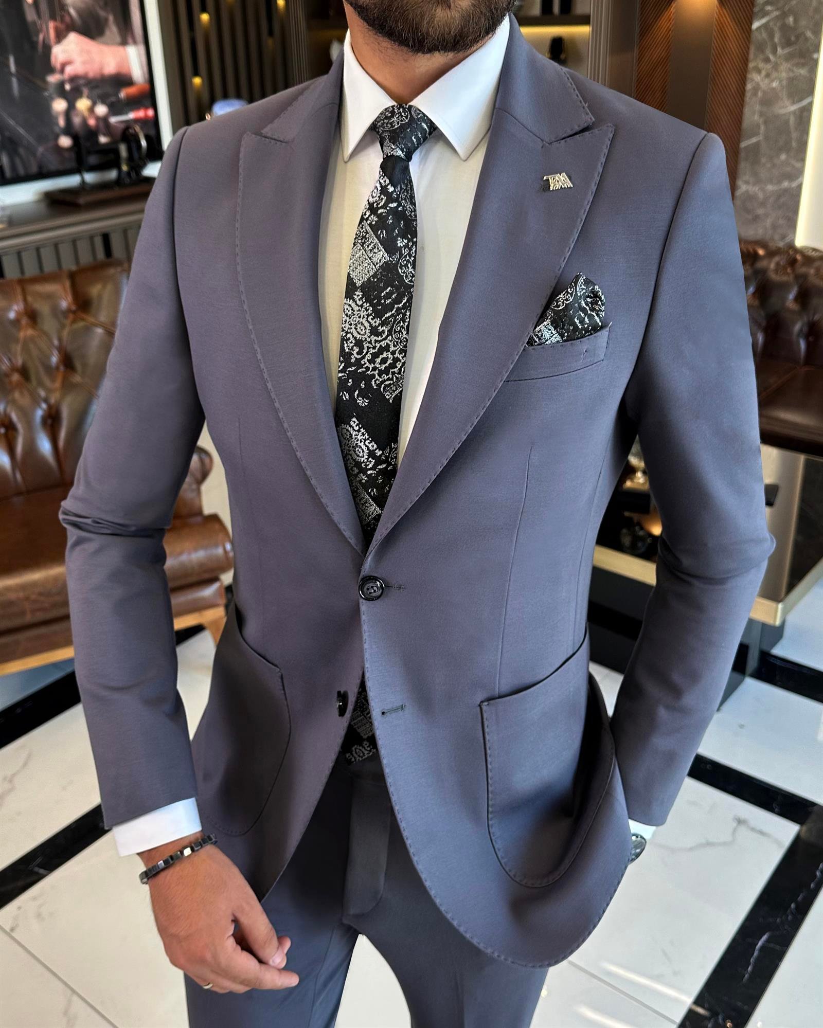 İtalyan stil slim fit ceket pantolon takım elbise antrasit T9687