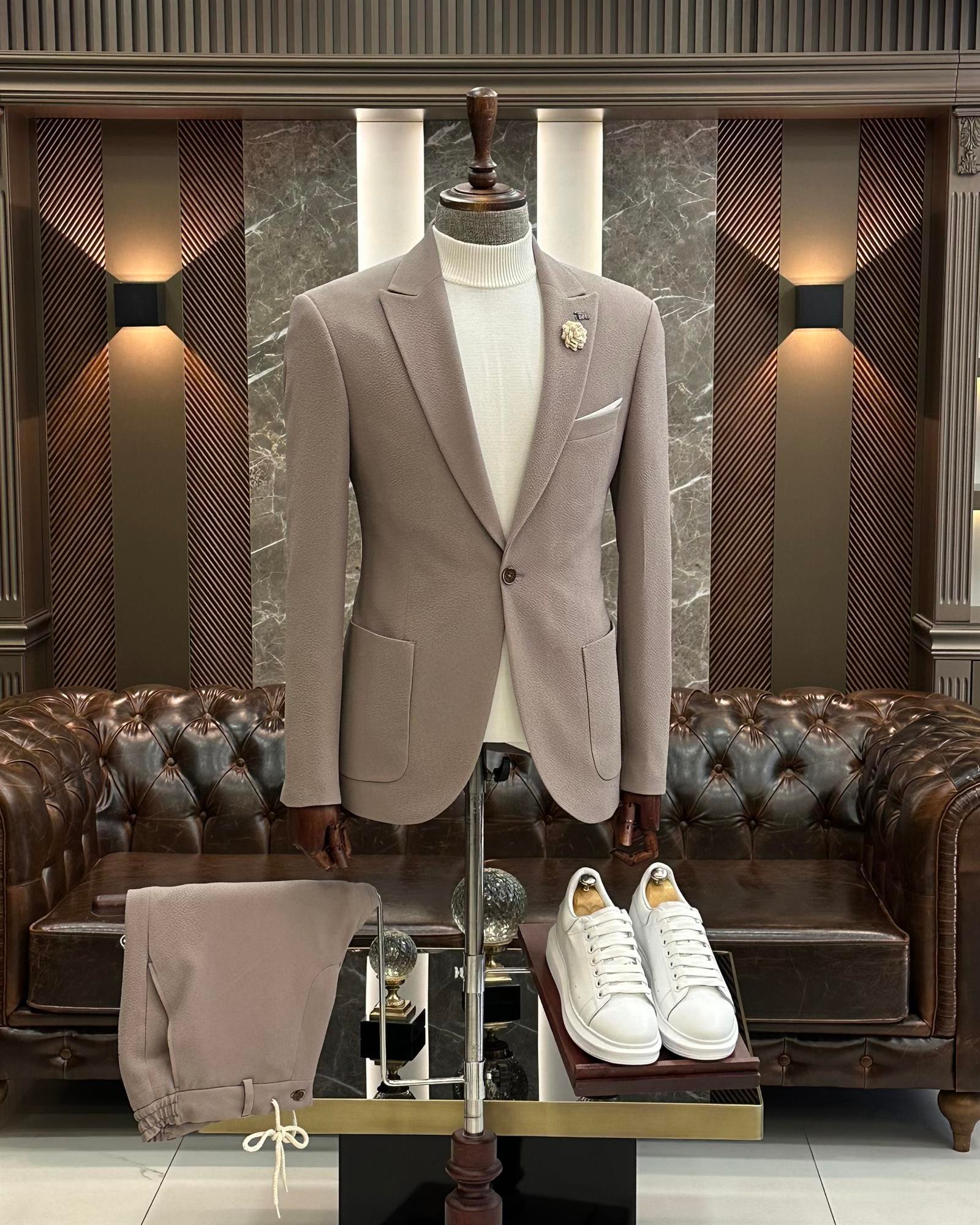 İtalyan stil slim fit  ceket pantolon takım elbise vizon T10004