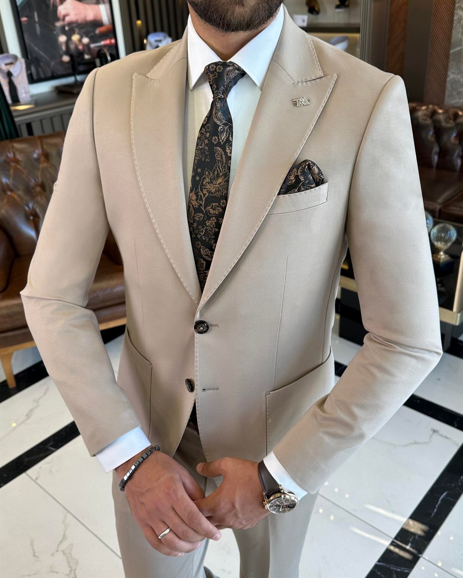 İtalyan stil slim fit ceket pantolon takım elbise camel T9691