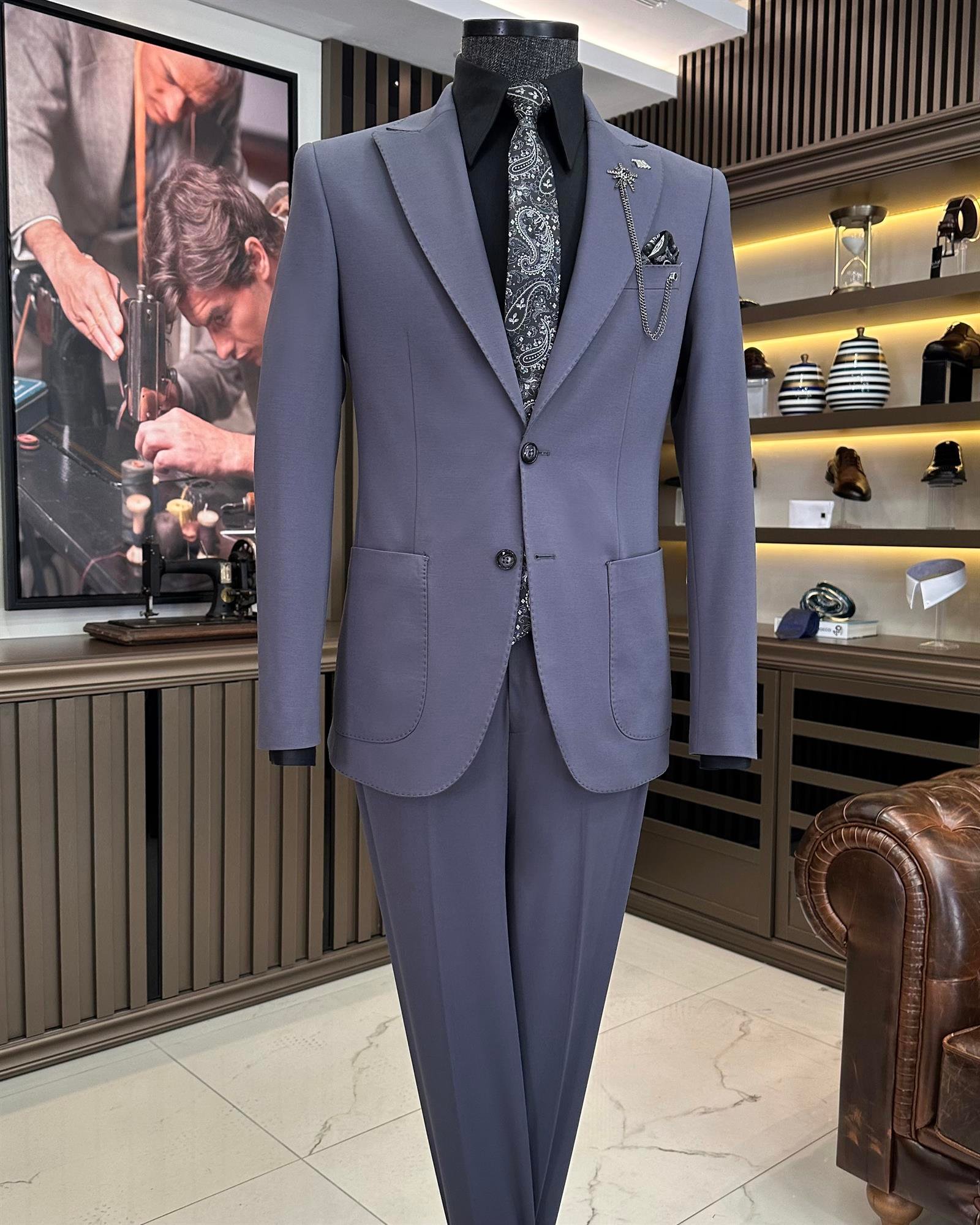 İtalyan stil slim fit ceket pantolon takım elbise antrasit T9687