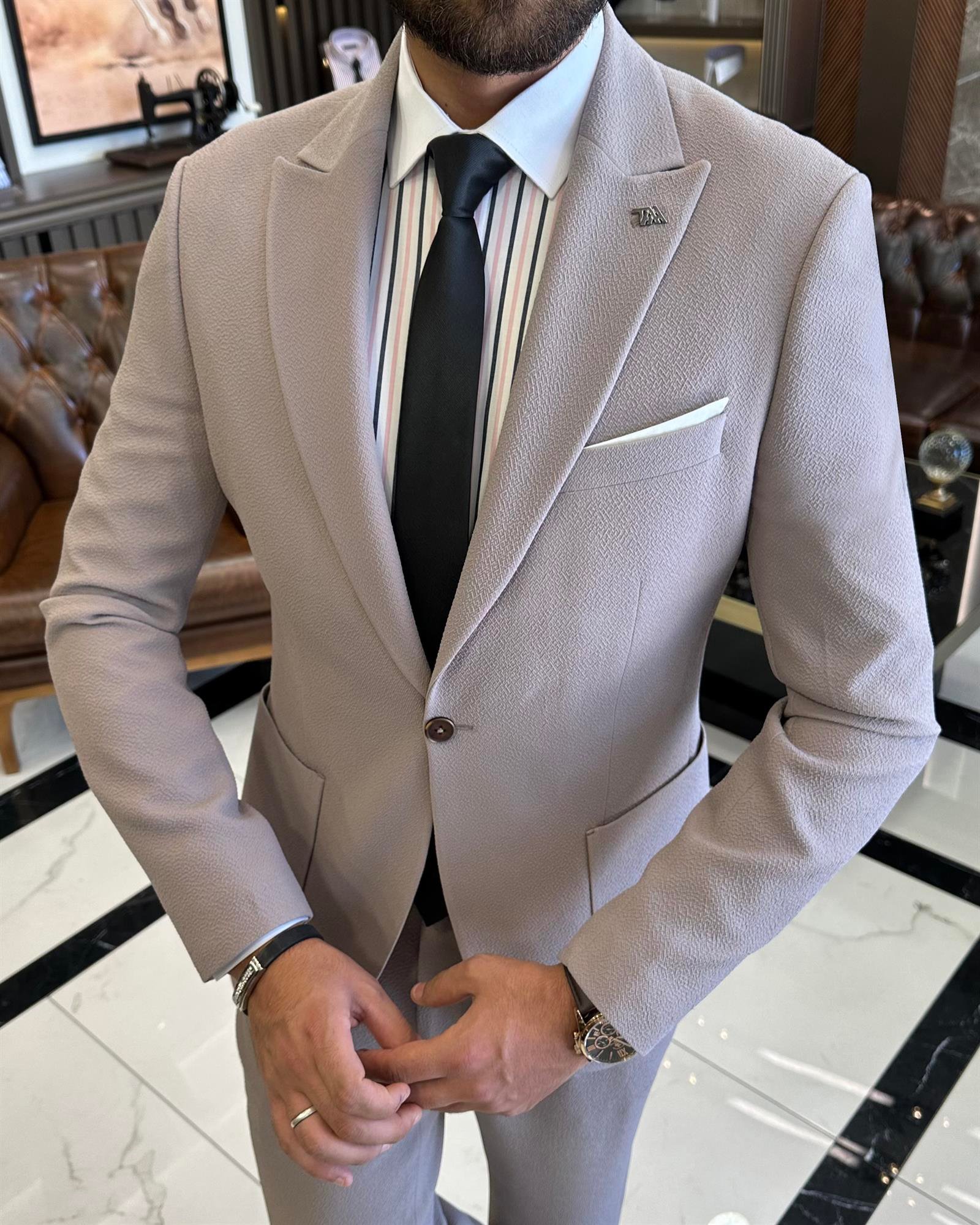 İtalyan stil slim fit  ceket pantolon takım elbise vizon T10004