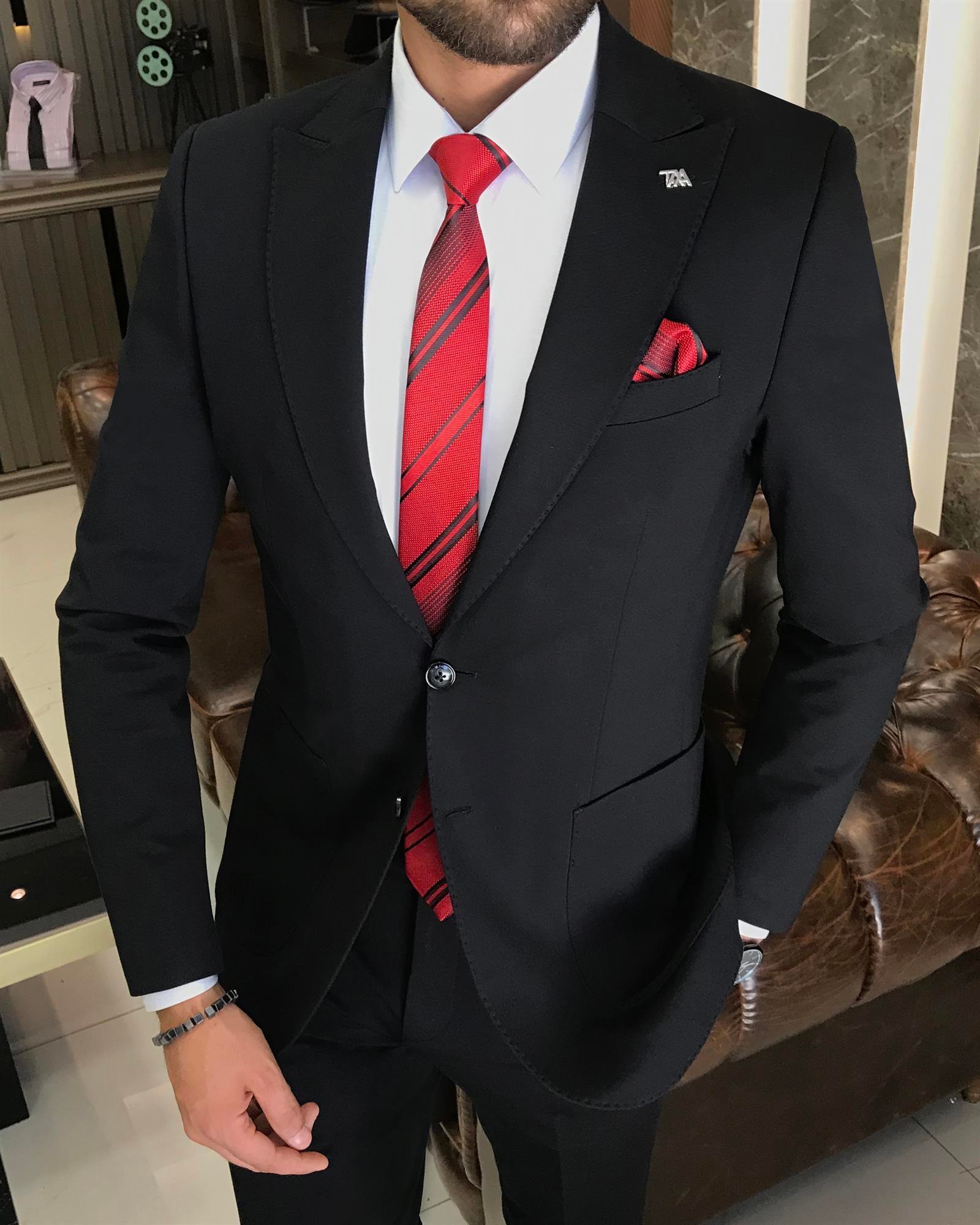 Italian style slim fit jacket pant suit black T9694