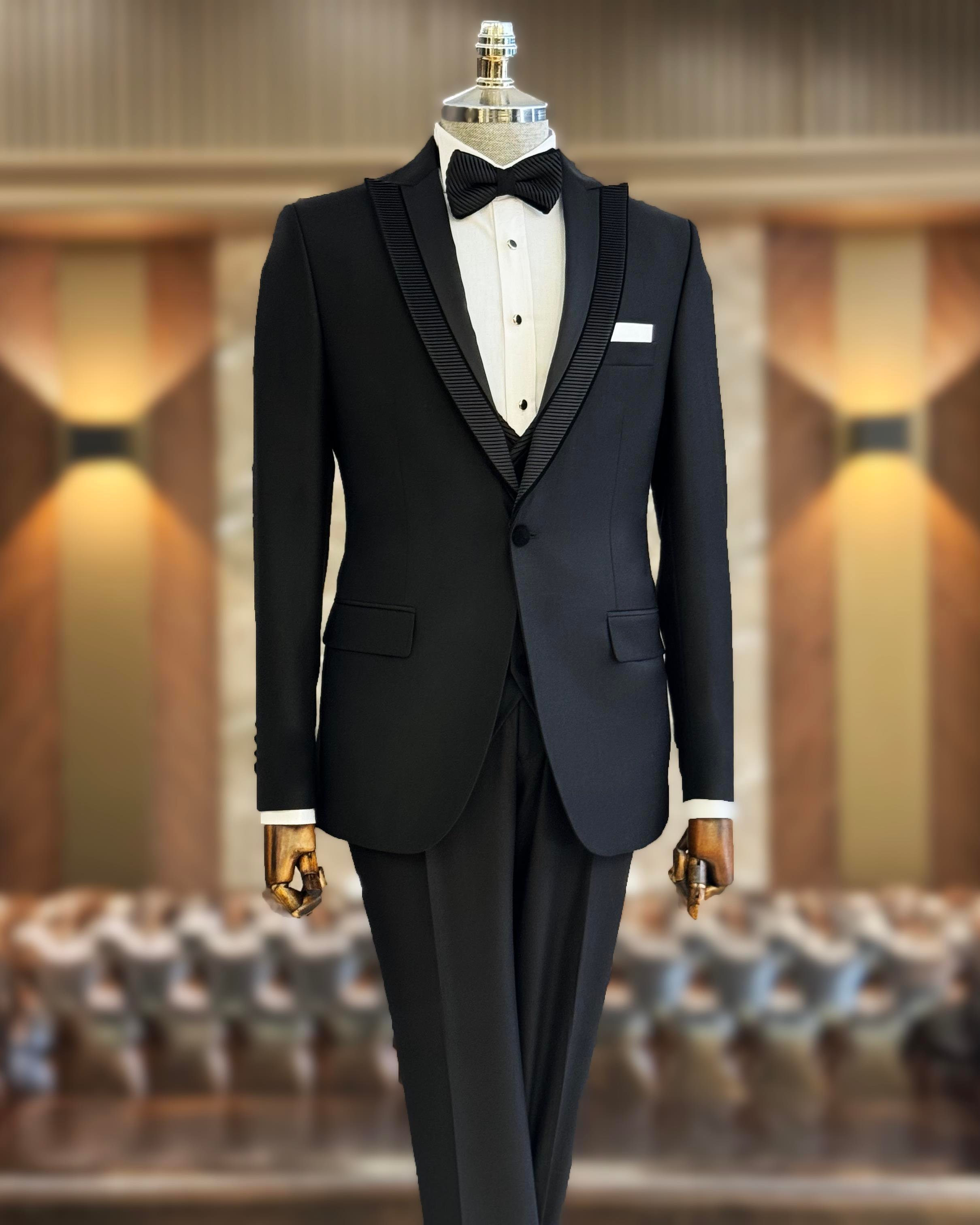 İtalyan stil slim fit ceket yelek pantolon damatlık set siyah T11776