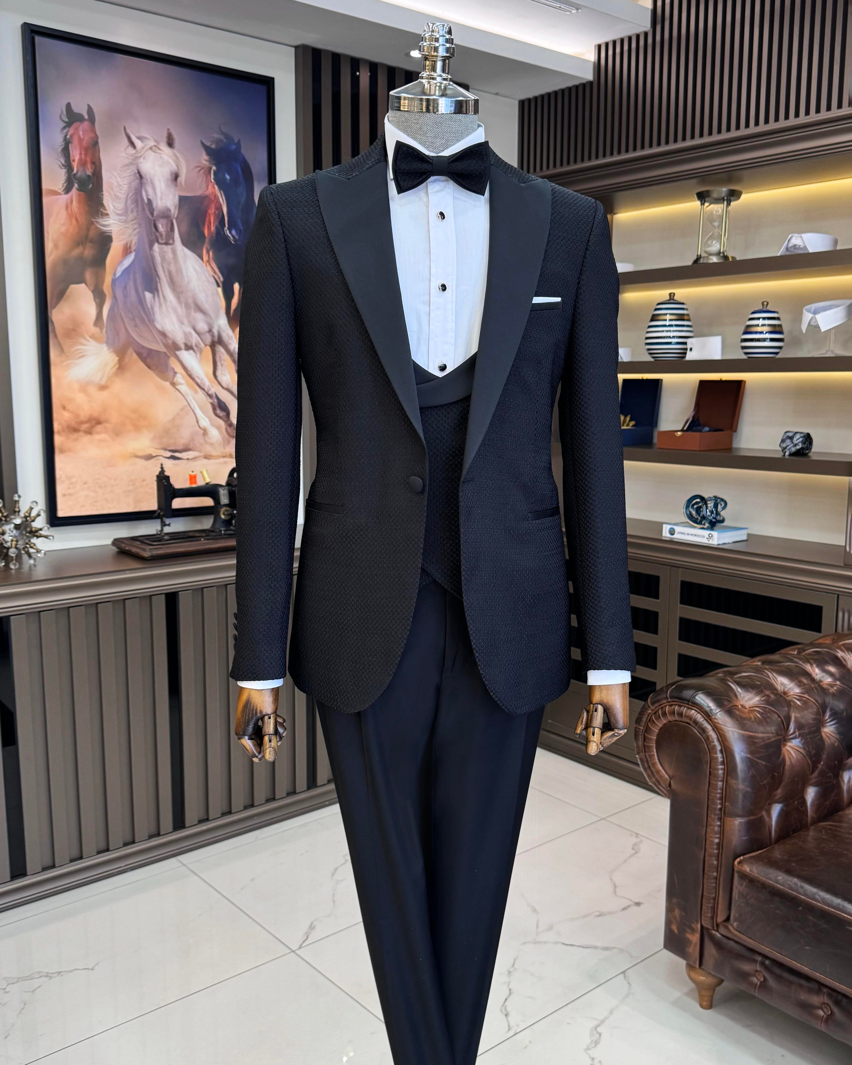 İtalyan stil slim fit ceket yelek pantolon damatlık set siyah T11635