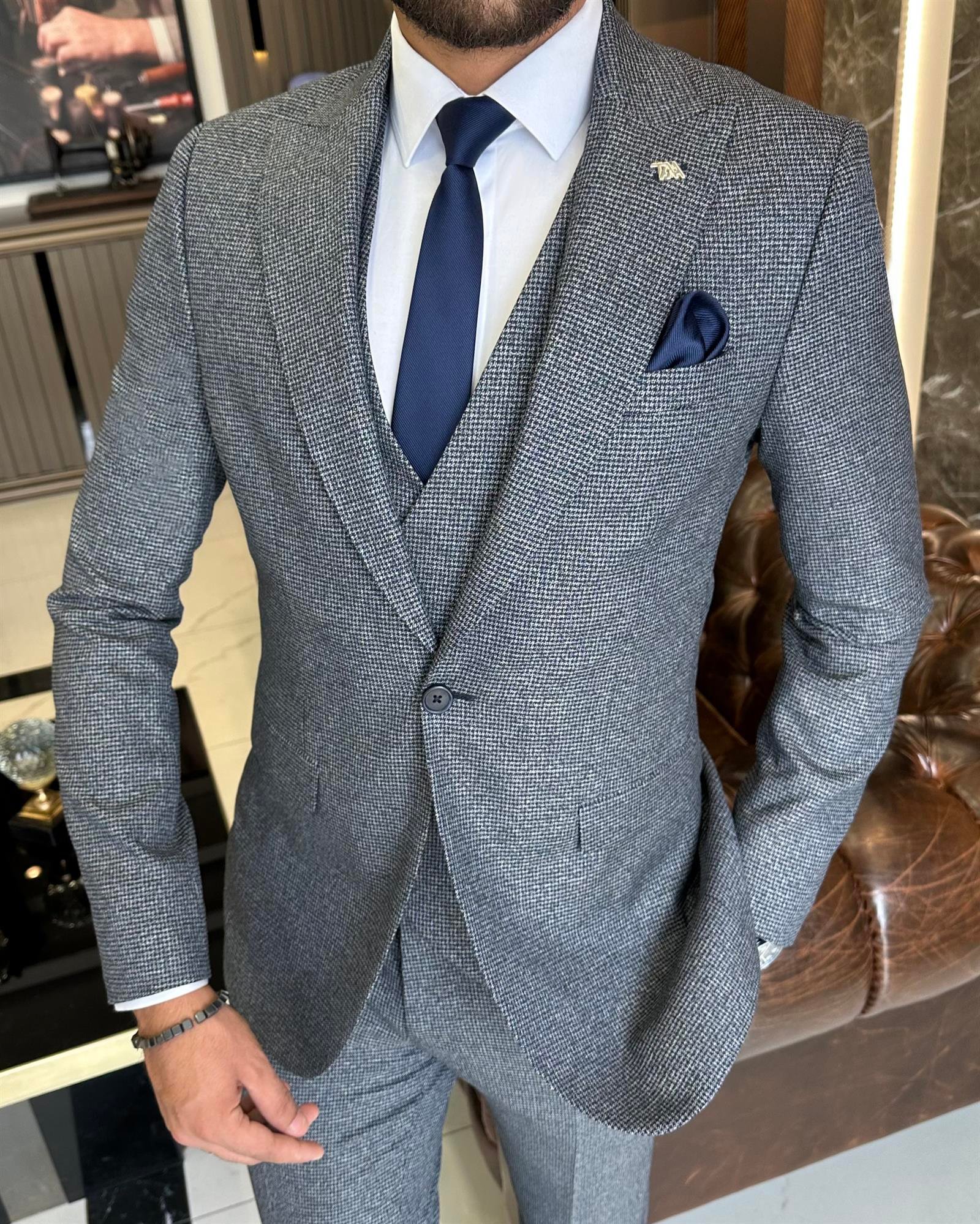 Italian style slim fit jacket vest pant suit navy blue T9795