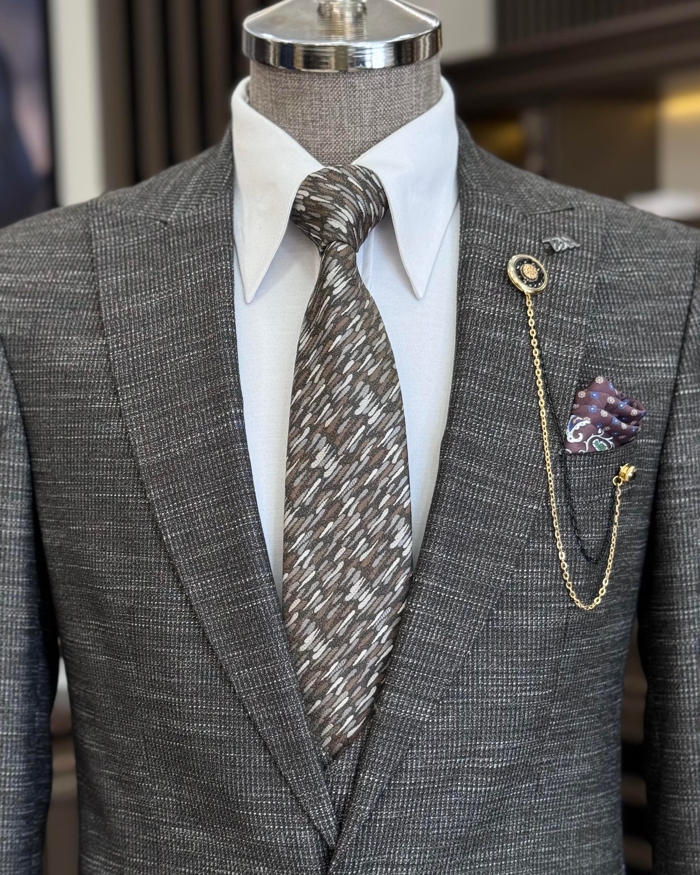 Italian style slim fit jacket vest trouser suit brown T10337