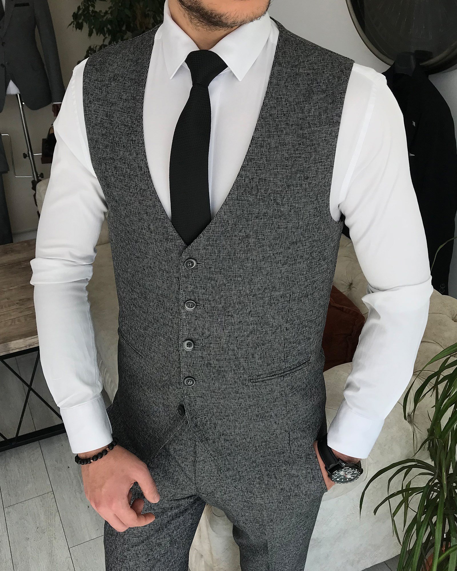 İtalyan stil slim fit ceket yelek pantolon takım elbise Siyah T8354