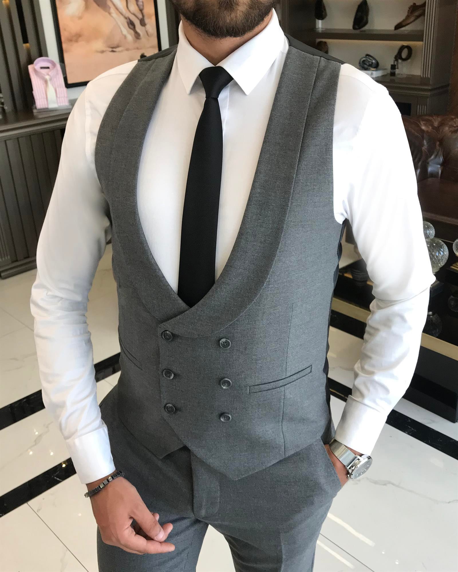 Italian style slim fit jacket vest pant suit anthracite T9685
