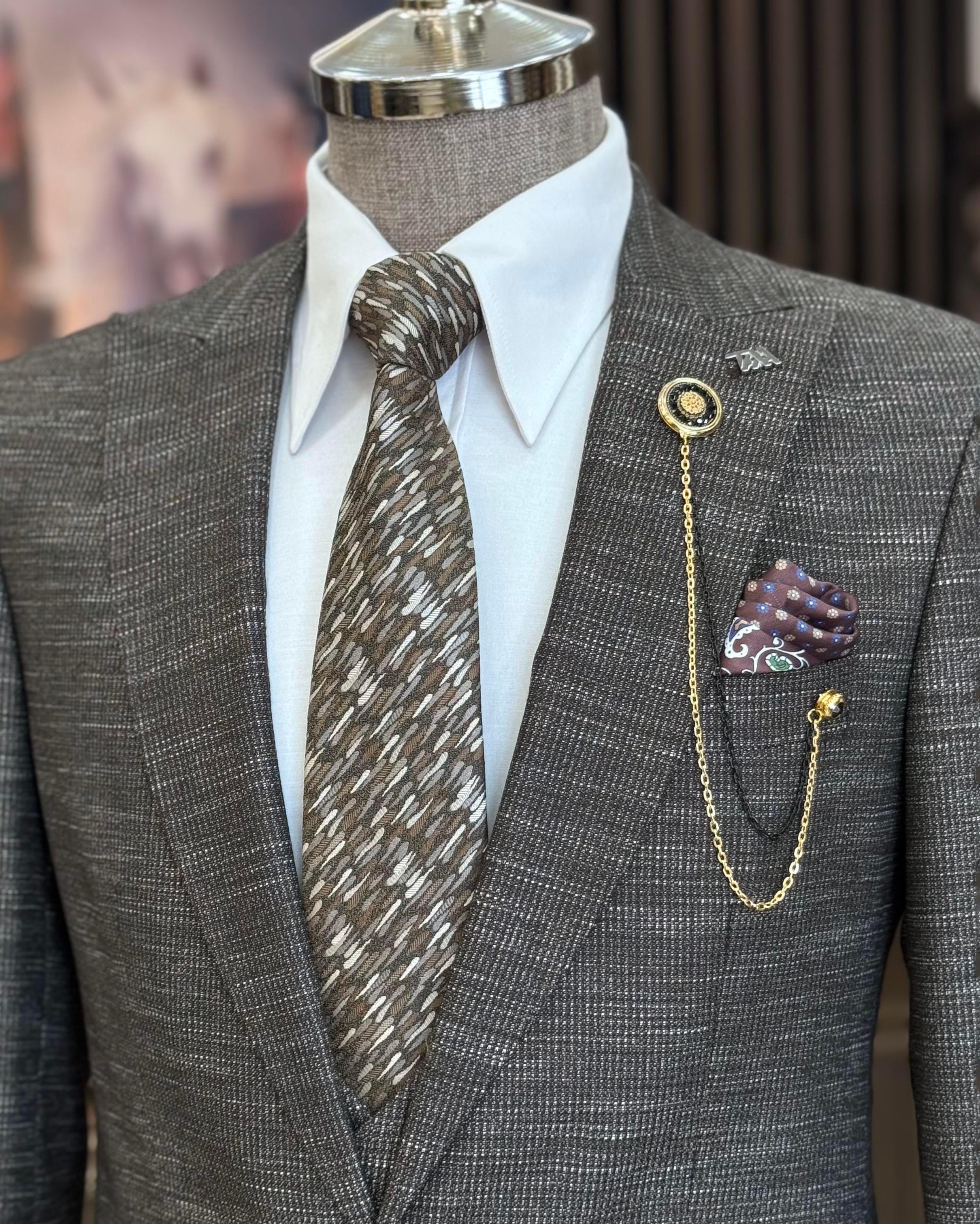 Italian style slim fit jacket vest trouser suit brown T10337