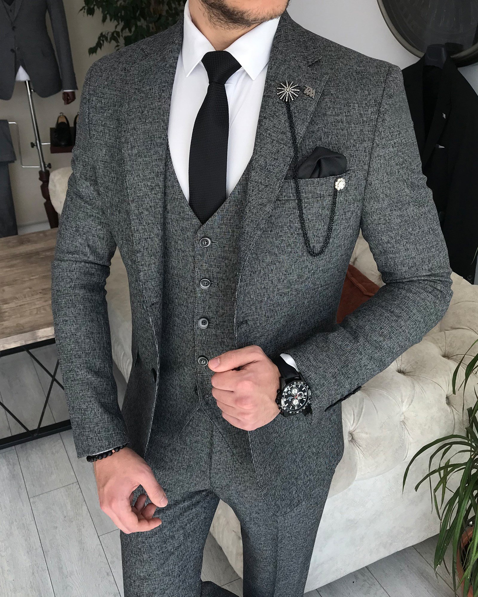 İtalyan stil slim fit ceket yelek pantolon takım elbise Siyah T8354