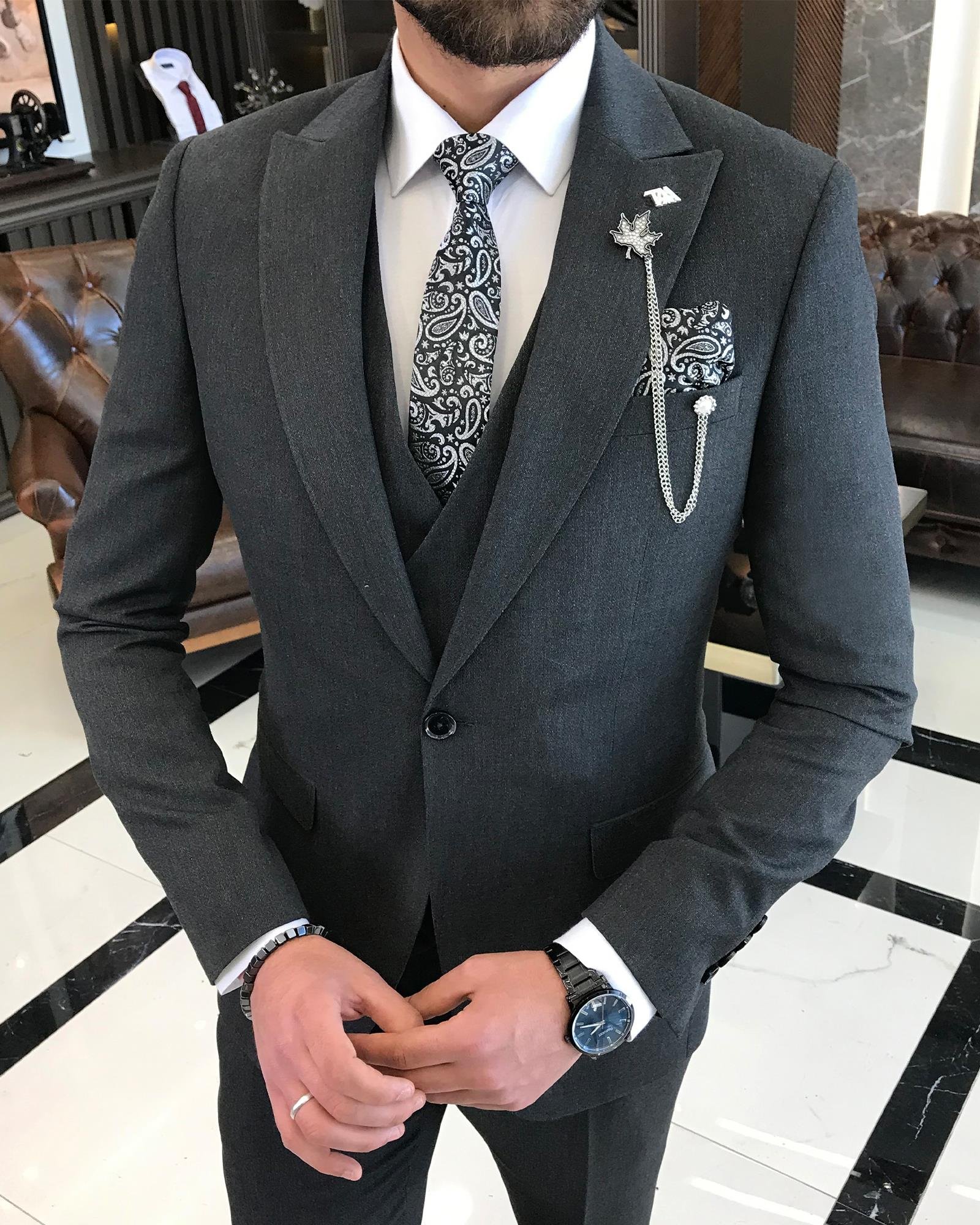 Italian style slim fit jacket vest pant suit anthracite T9092