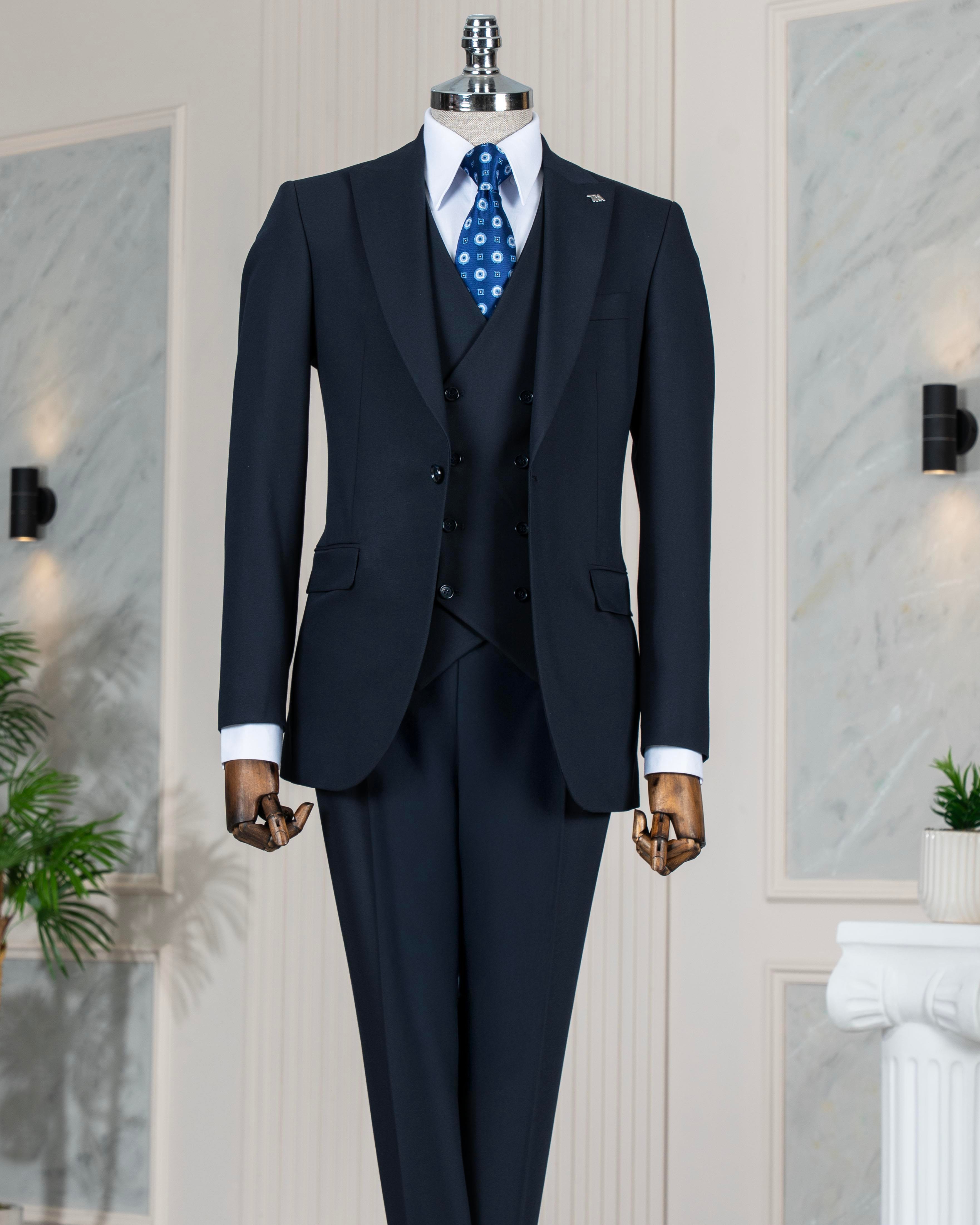 İtalyan stil slim fit ceket yelek pantolon takım elbise lacivert T13504