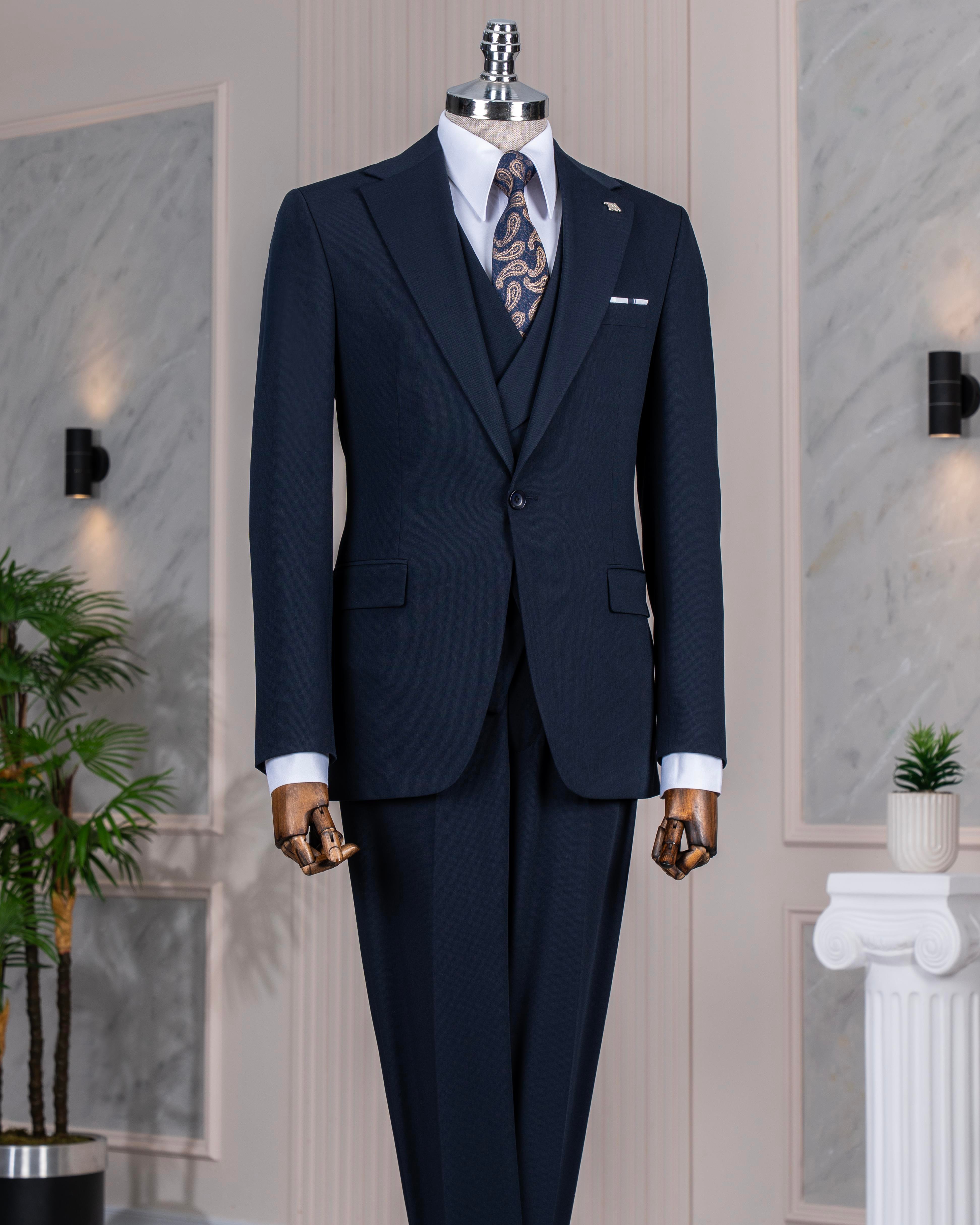 İtalyan stil slim fit ceket yelek pantolon takım elbise lacivert T14186