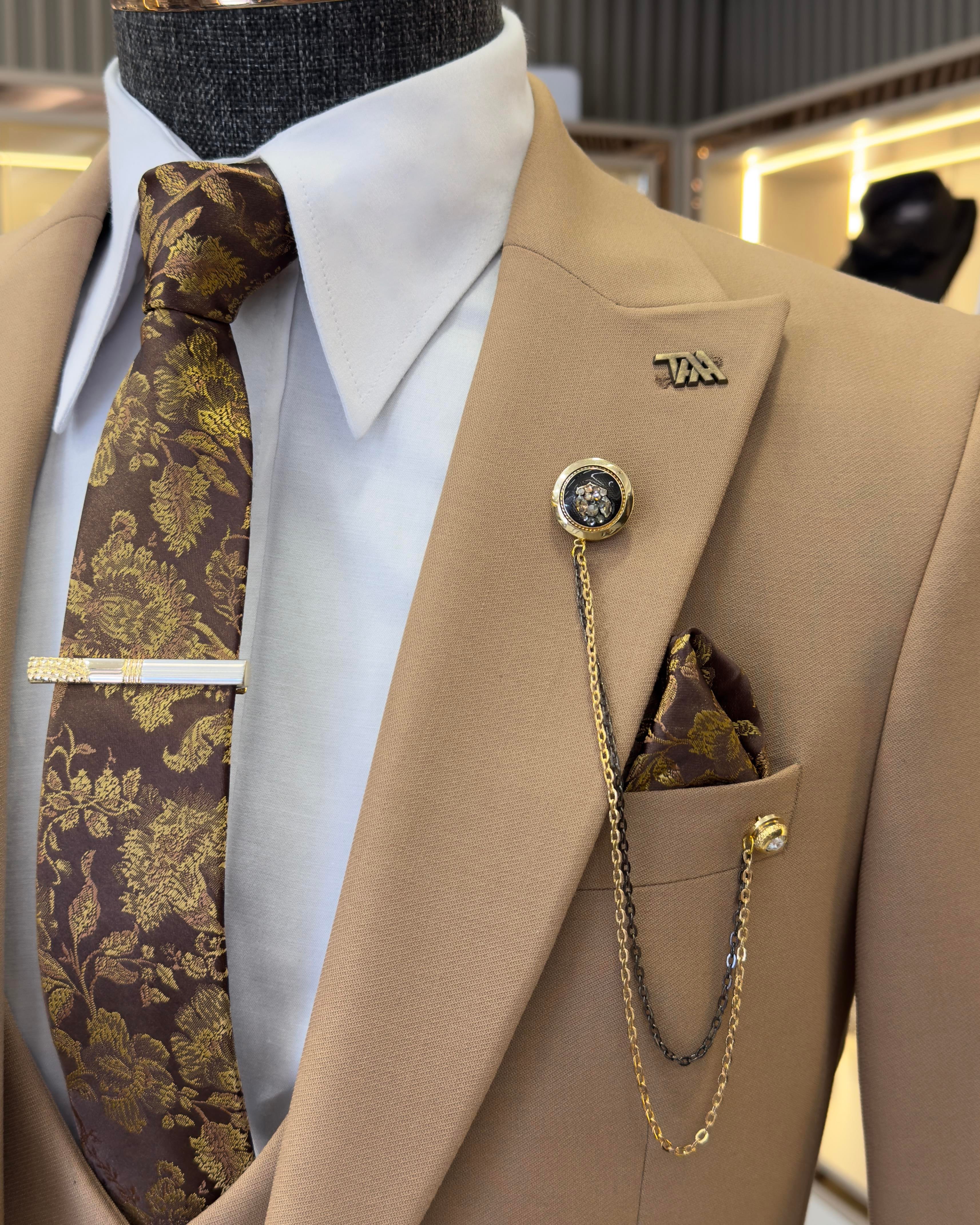 Italian style slim fit jacket vest trouser suit camel T9963
