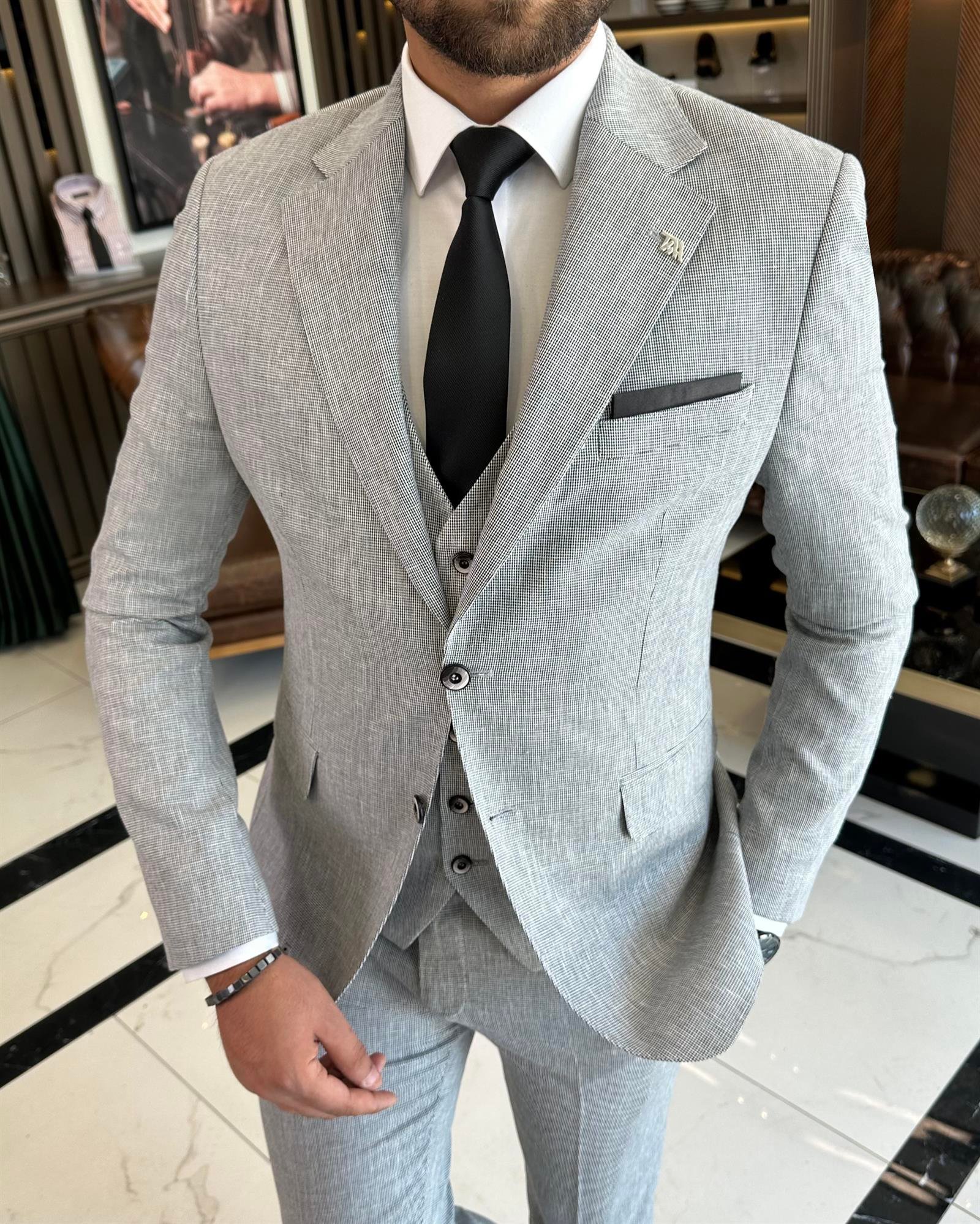 İtalyan stil slim fit ceket yelek pantolon takım elbise gri T9845