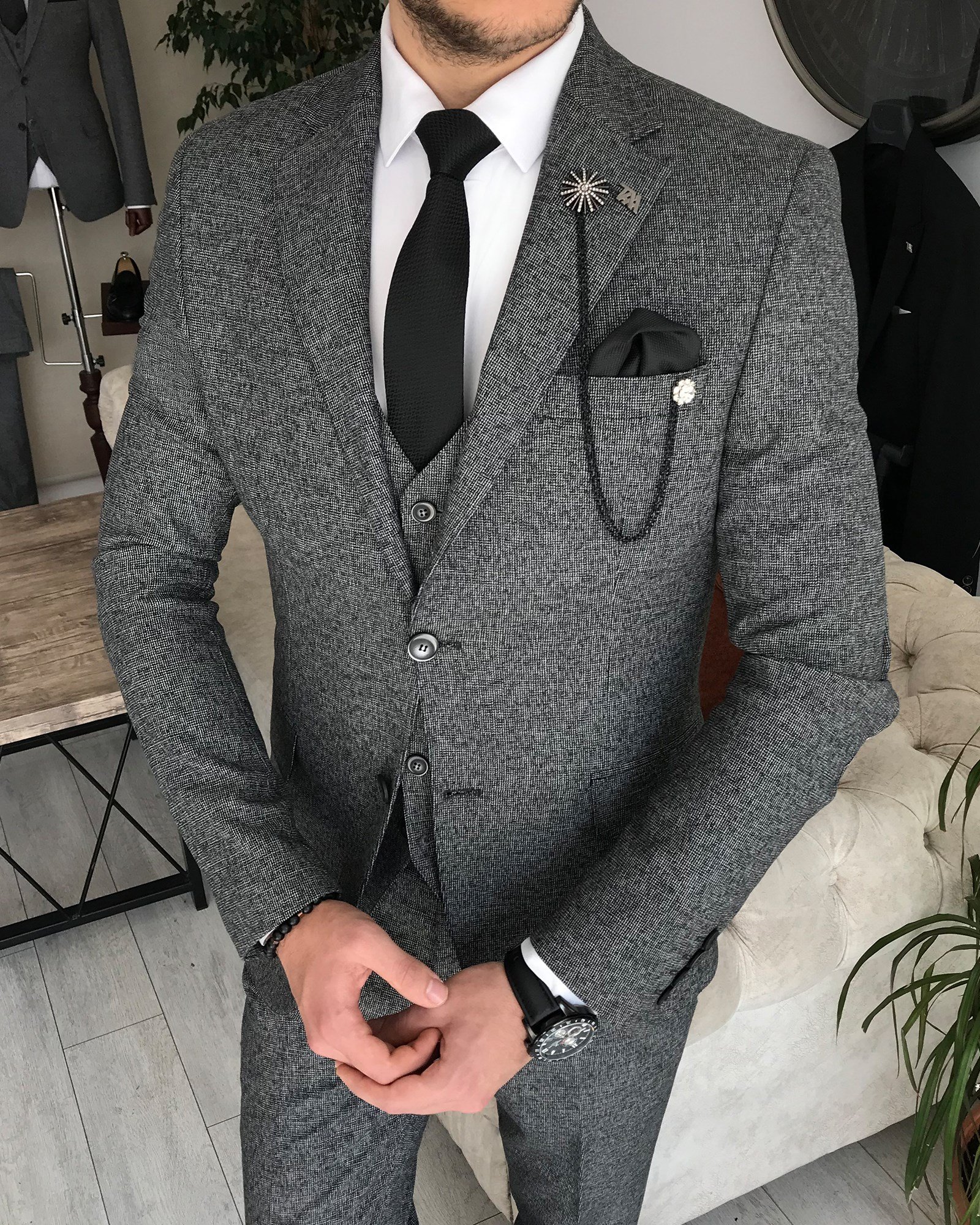 İtalyan stil slim fit ceket yelek pantolon takım elbise Siyah T8354