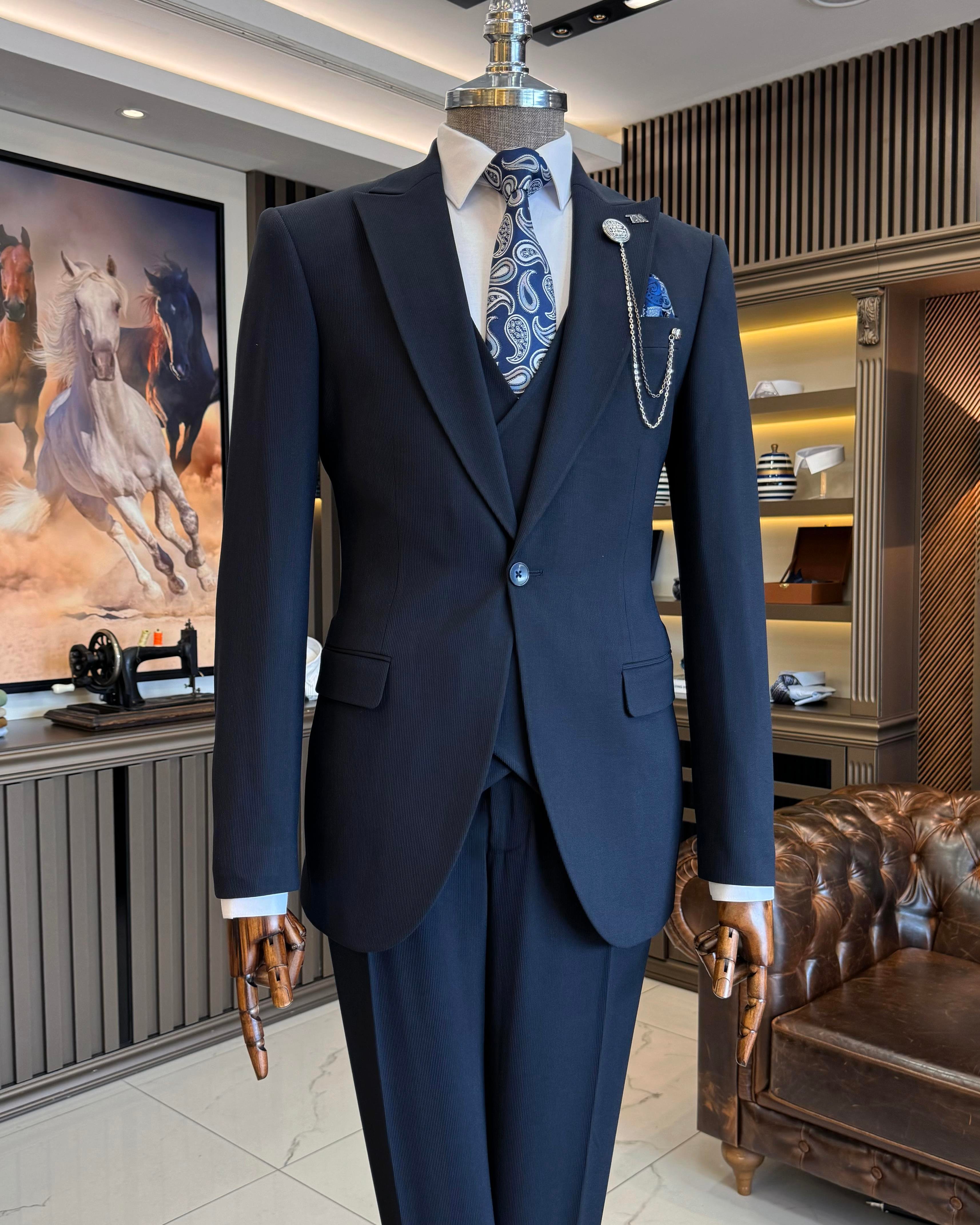 İtalyan stil slim fit ceket yelek pantolon takım elbise lacivert T11541
