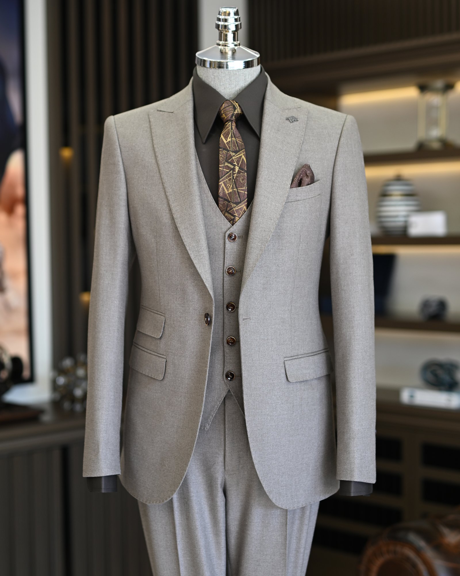 Italian style slim fit jacket vest pant suit mink T11483