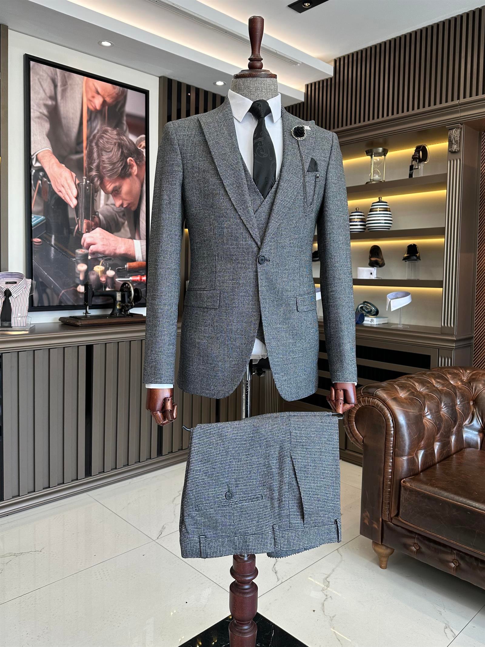 Italian style slim fit jacket vest pant suit black T9796