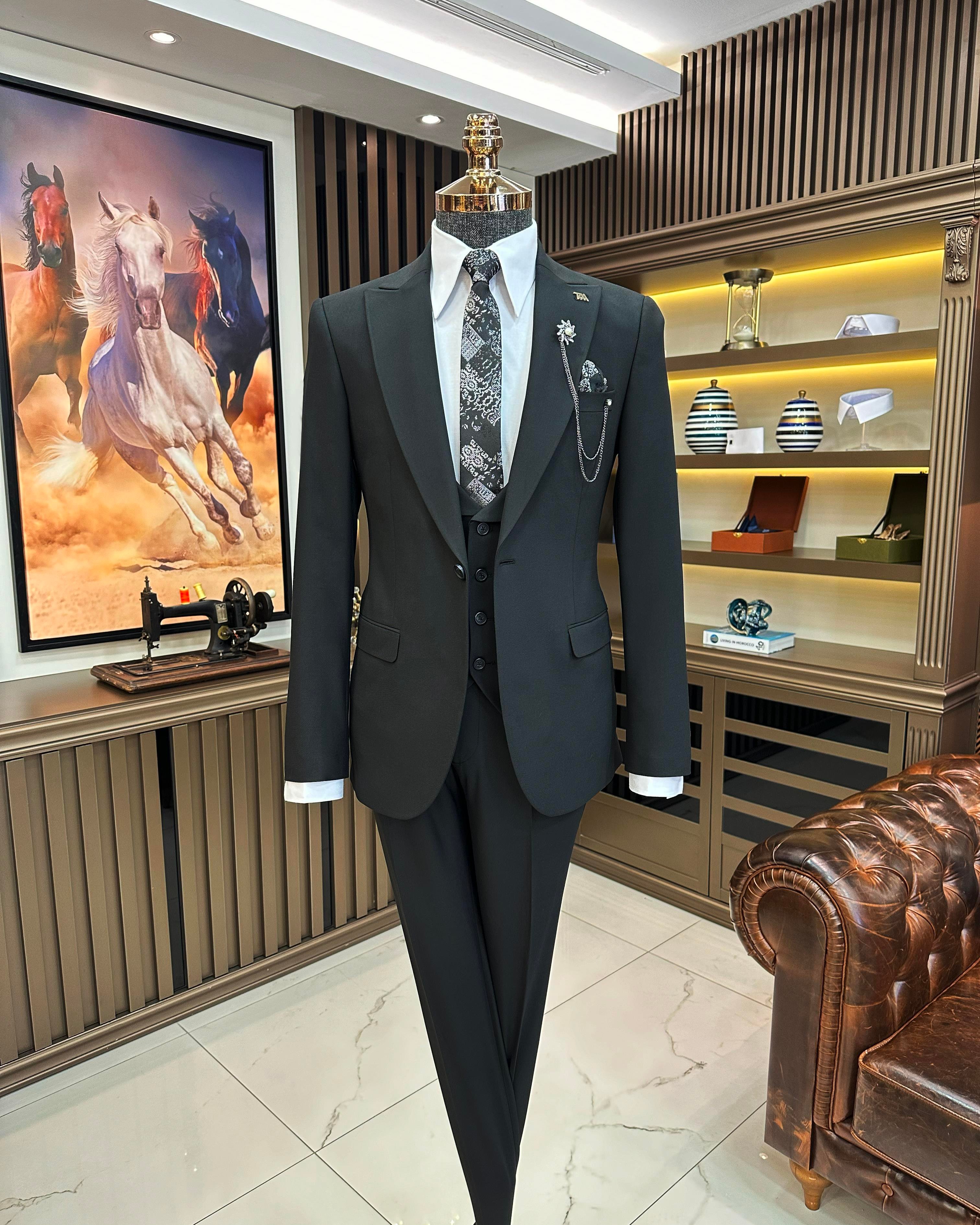 Italian style slim fit jacket vest trouser suit black T9971