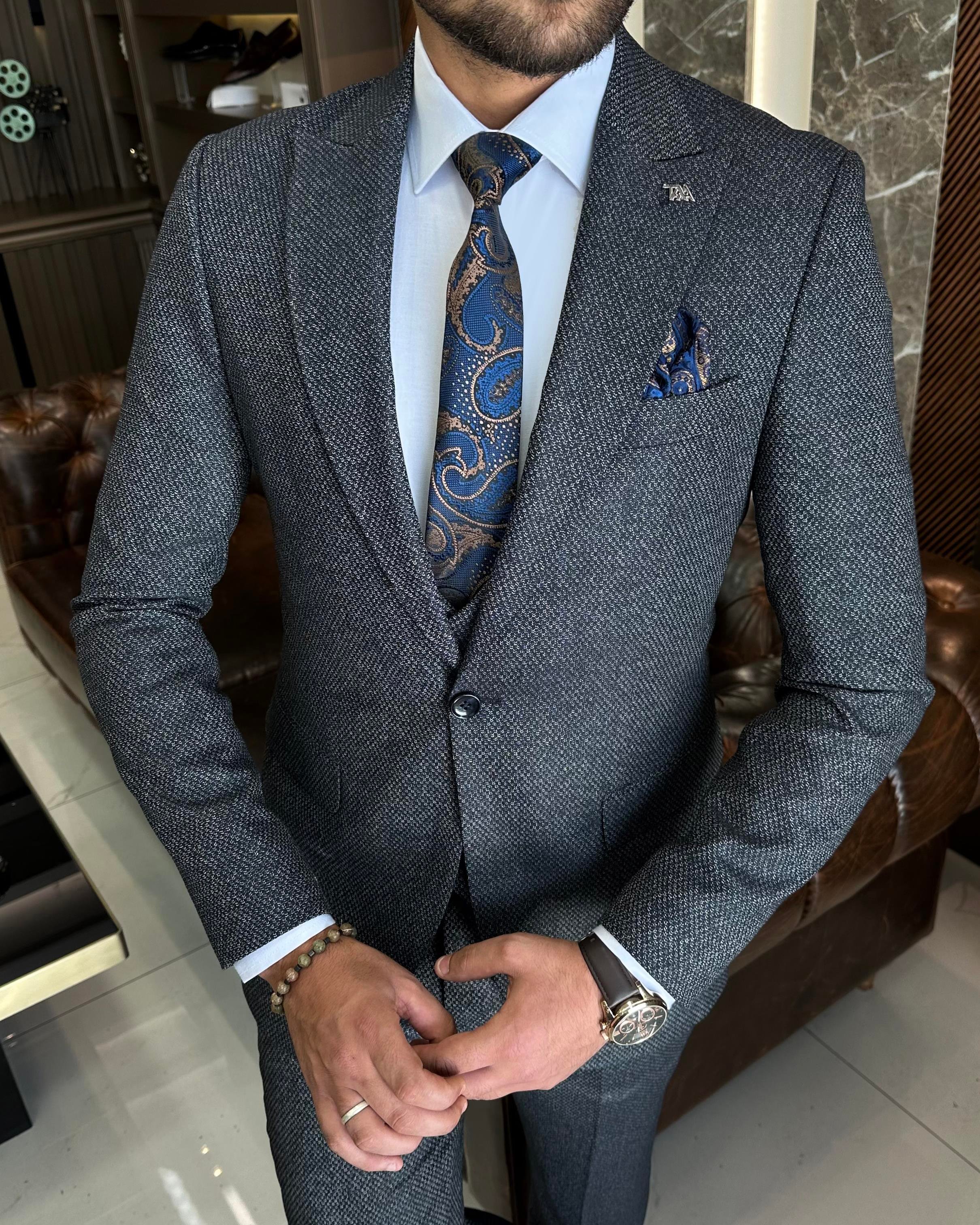 İtalyan stil slim fit ceket yelek pantolon takım elbise lacivert T10323