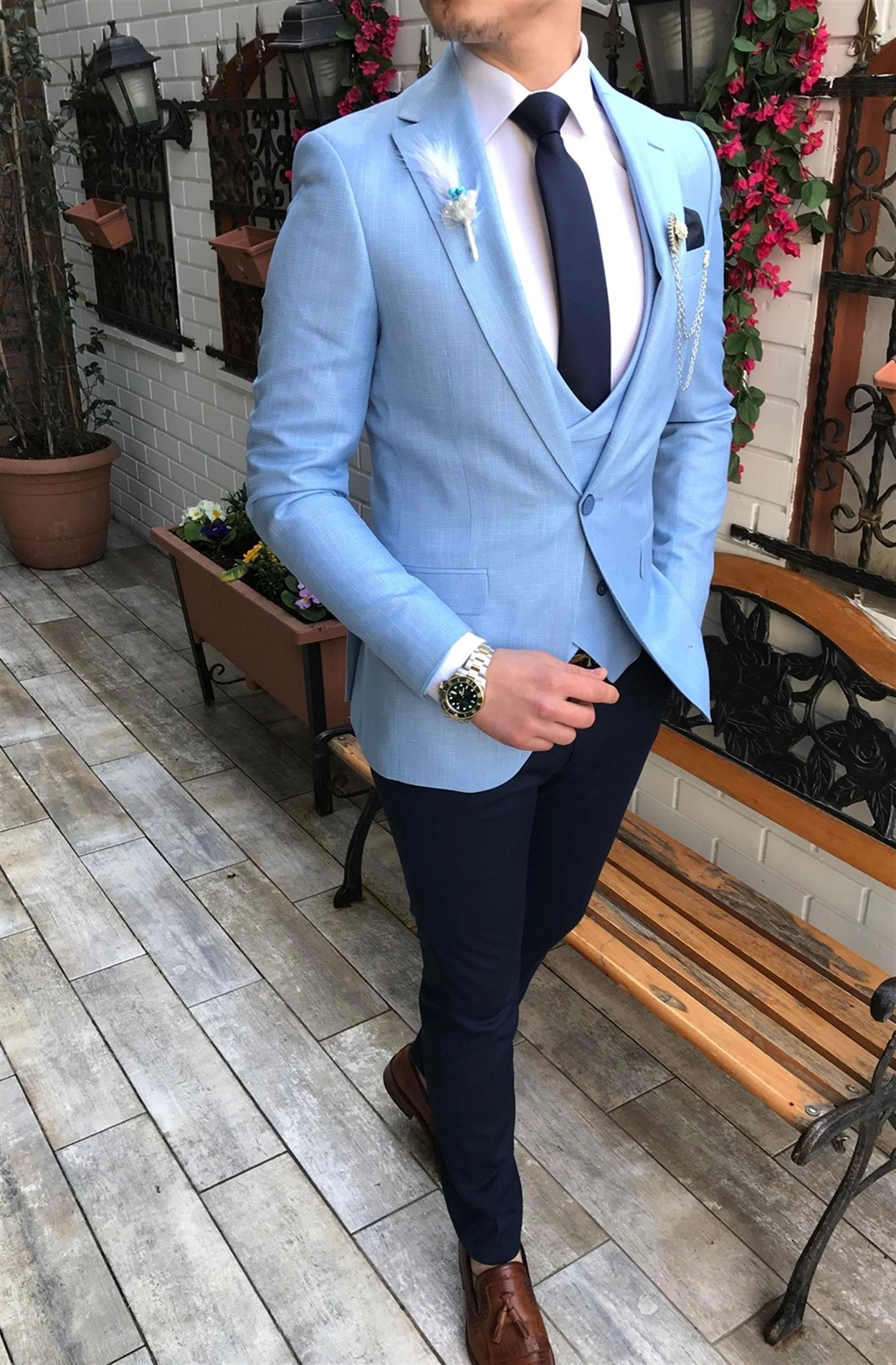 İtalyan stil slim fit ceket yelek pantolon mavi kombin T3272