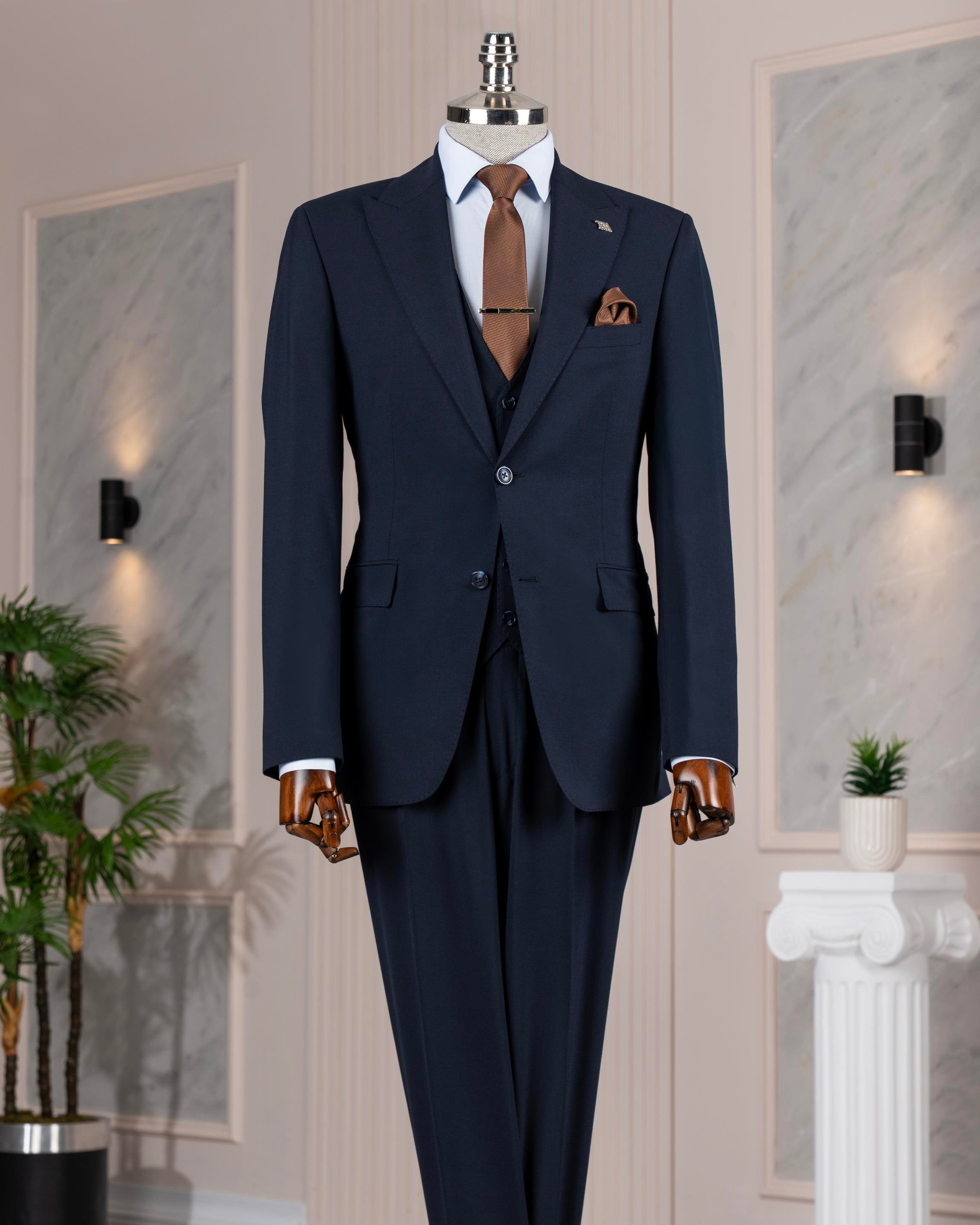 İtalyan stil slim fit ceket yelek pantolon takım elbise lacivert T14312
