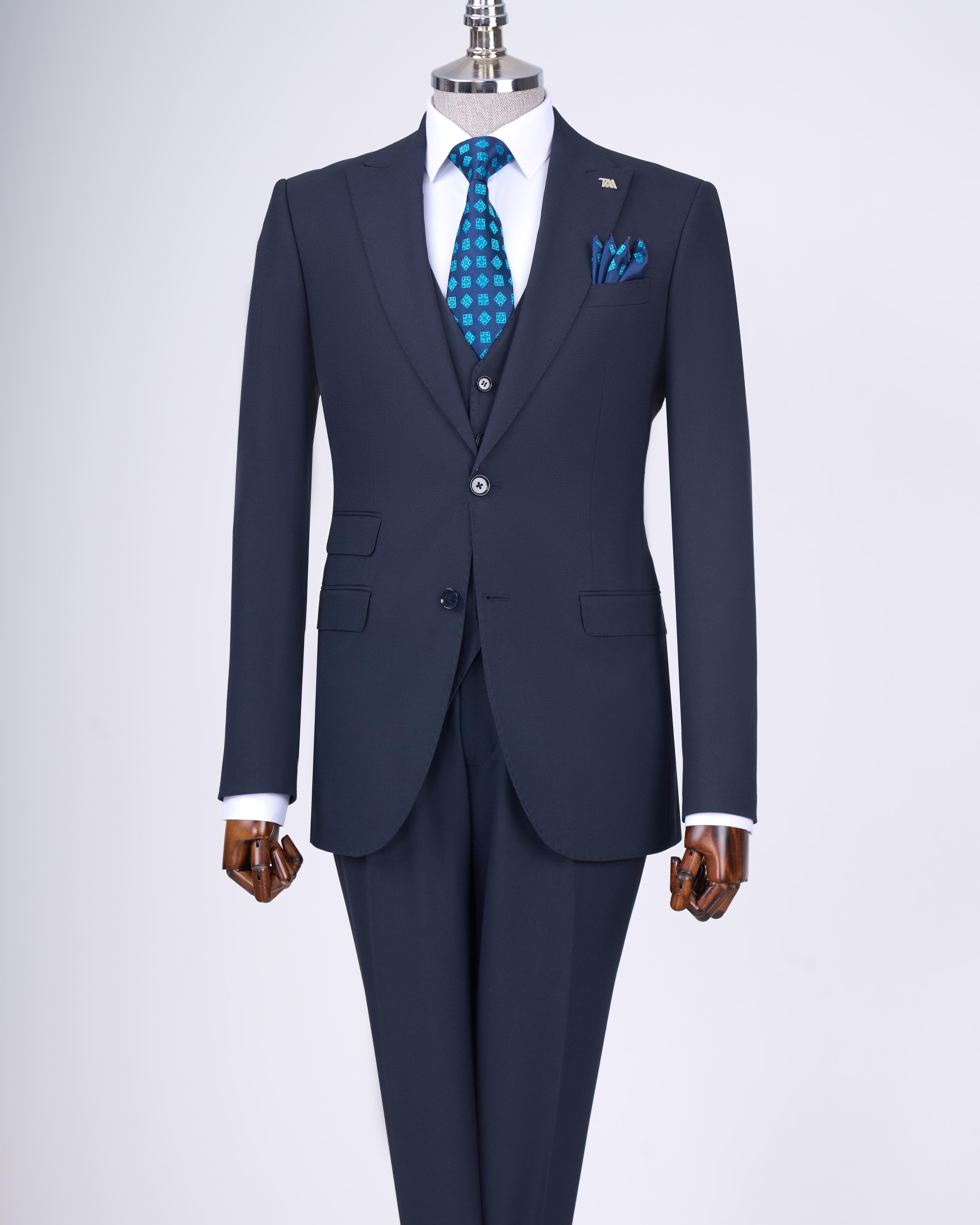 Italian style slim fit jacket vest pants suit navy blue T11393