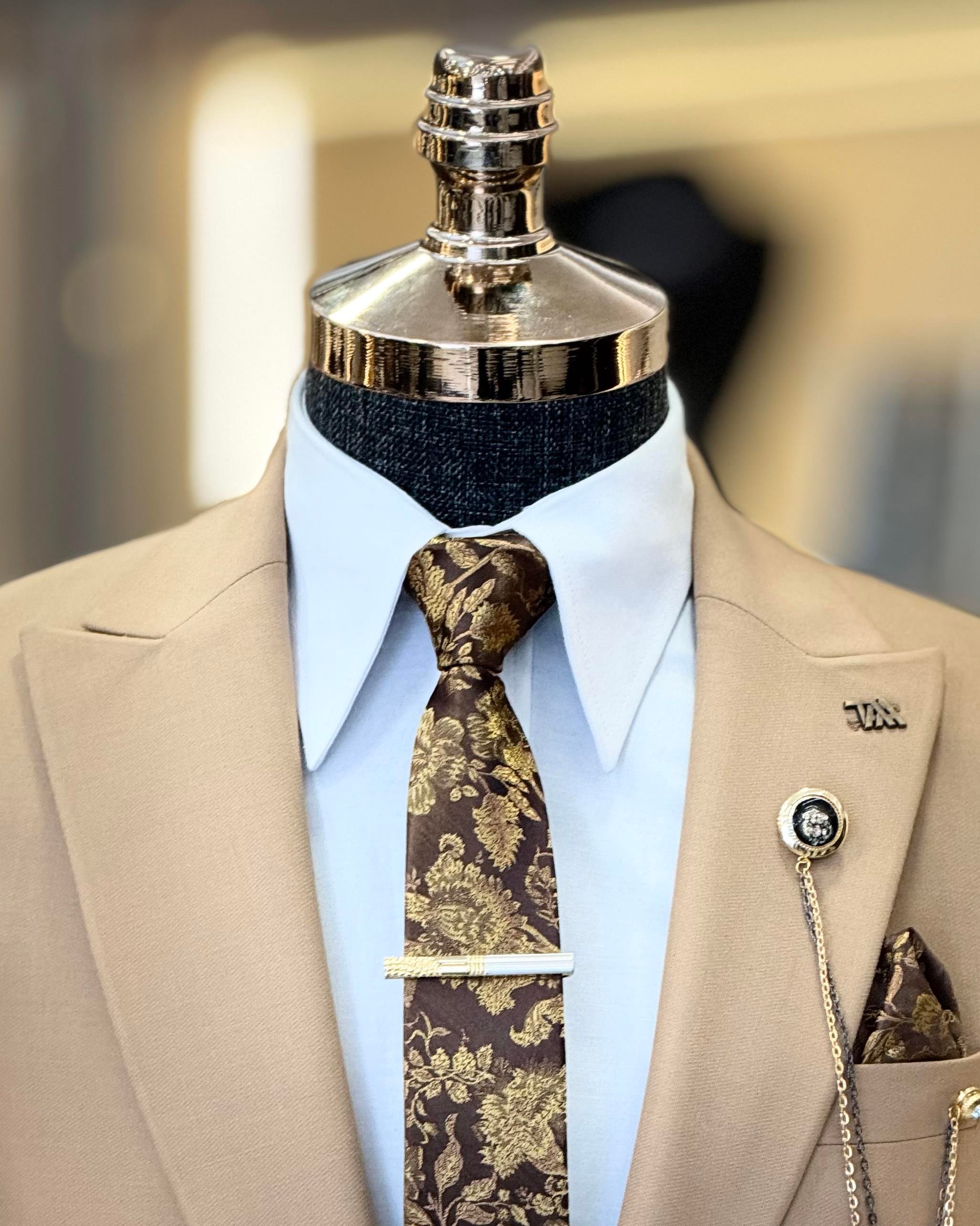 Italian style slim fit jacket vest trouser suit camel T9963