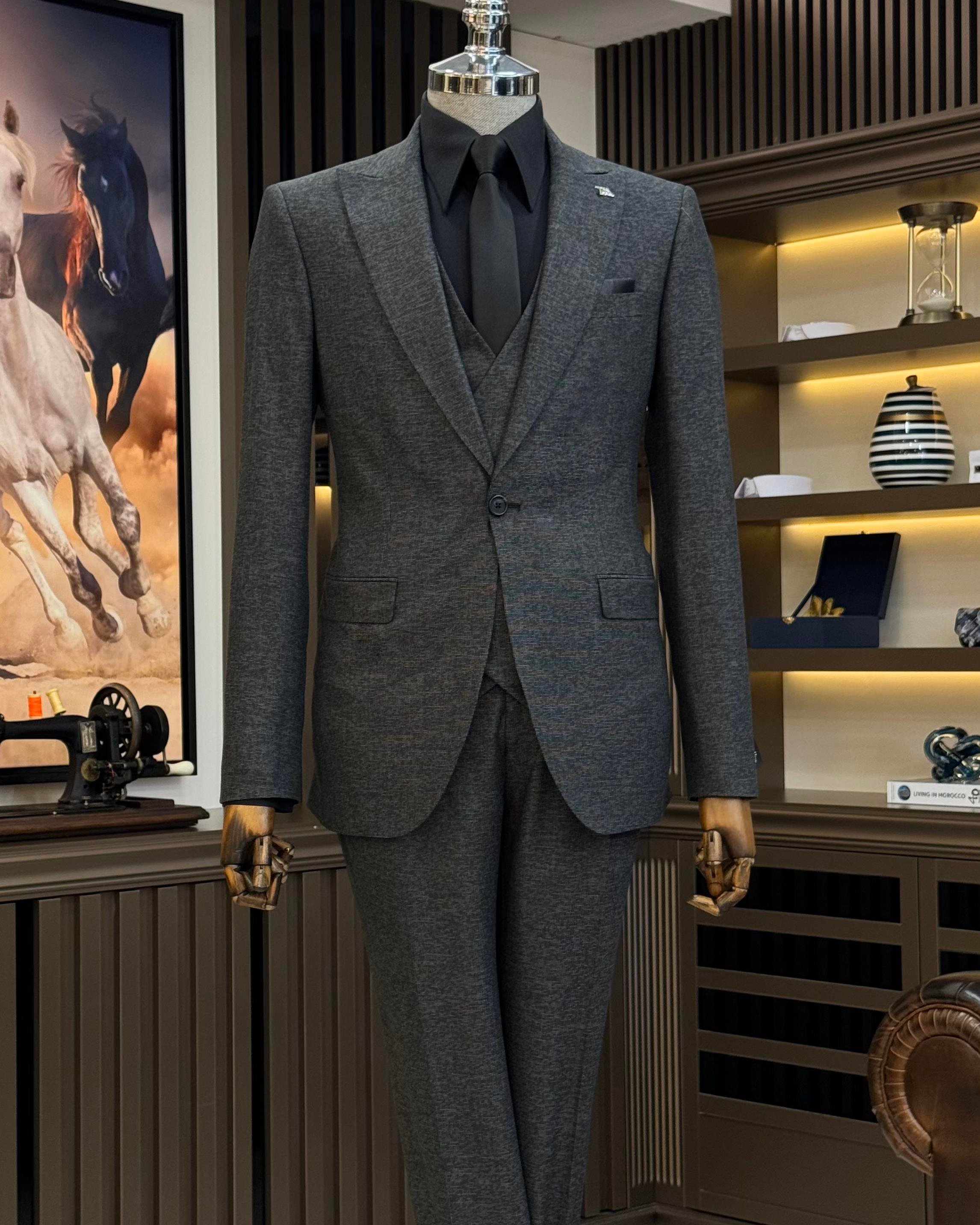 Italian style slim fit jacket vest trouser suit black T9957