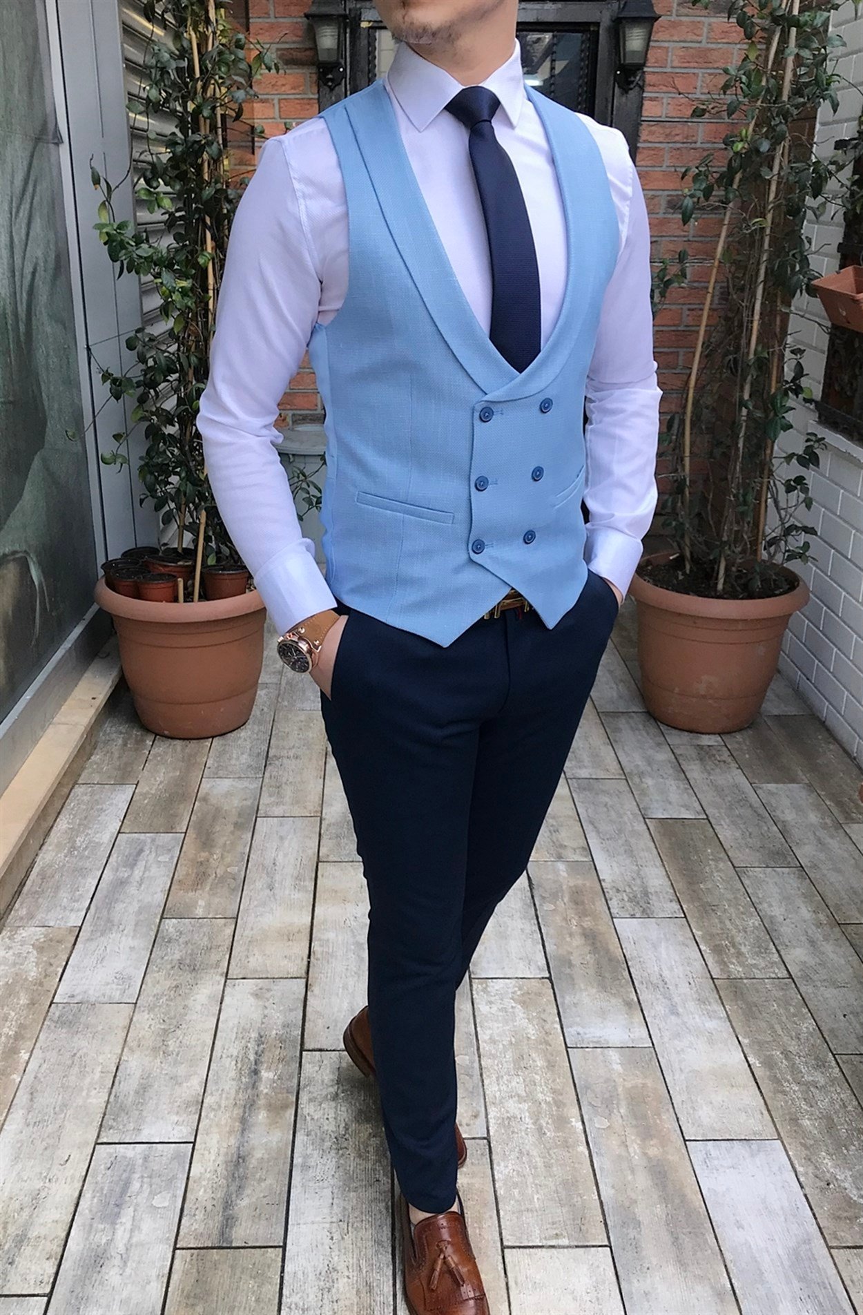 İtalyan stil slim fit ceket yelek pantolon mavi kombin T3272