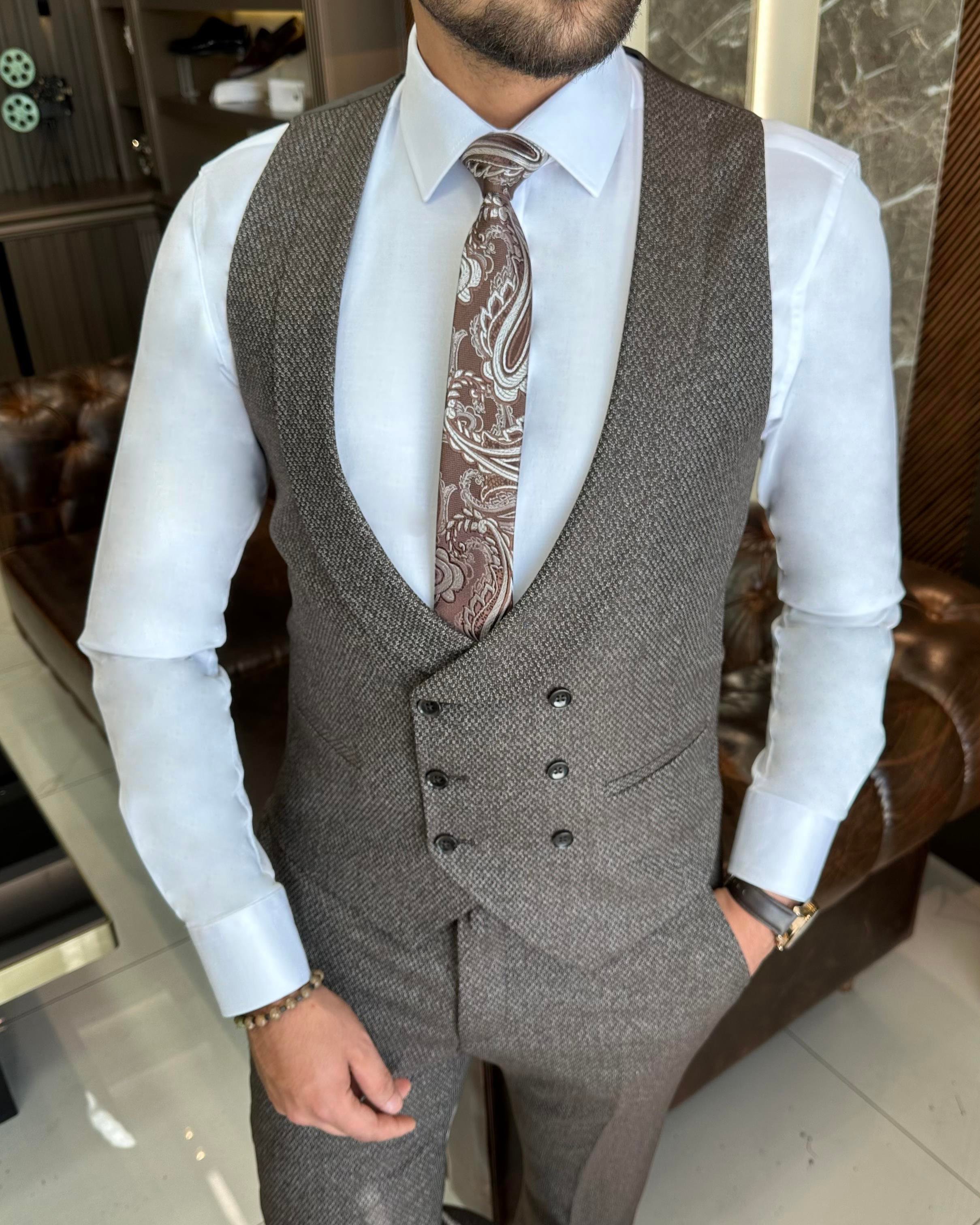 İtalyan stil slim fit ceket yelek pantolon takım elbise kahverengi T10322