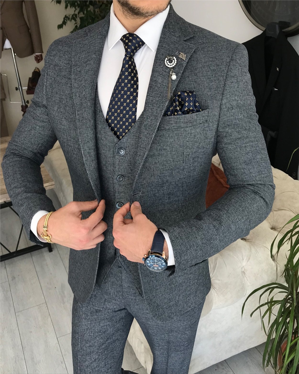 İtalyan stil slim fit ceket yelek pantolon takım elbise Lacivert T8352