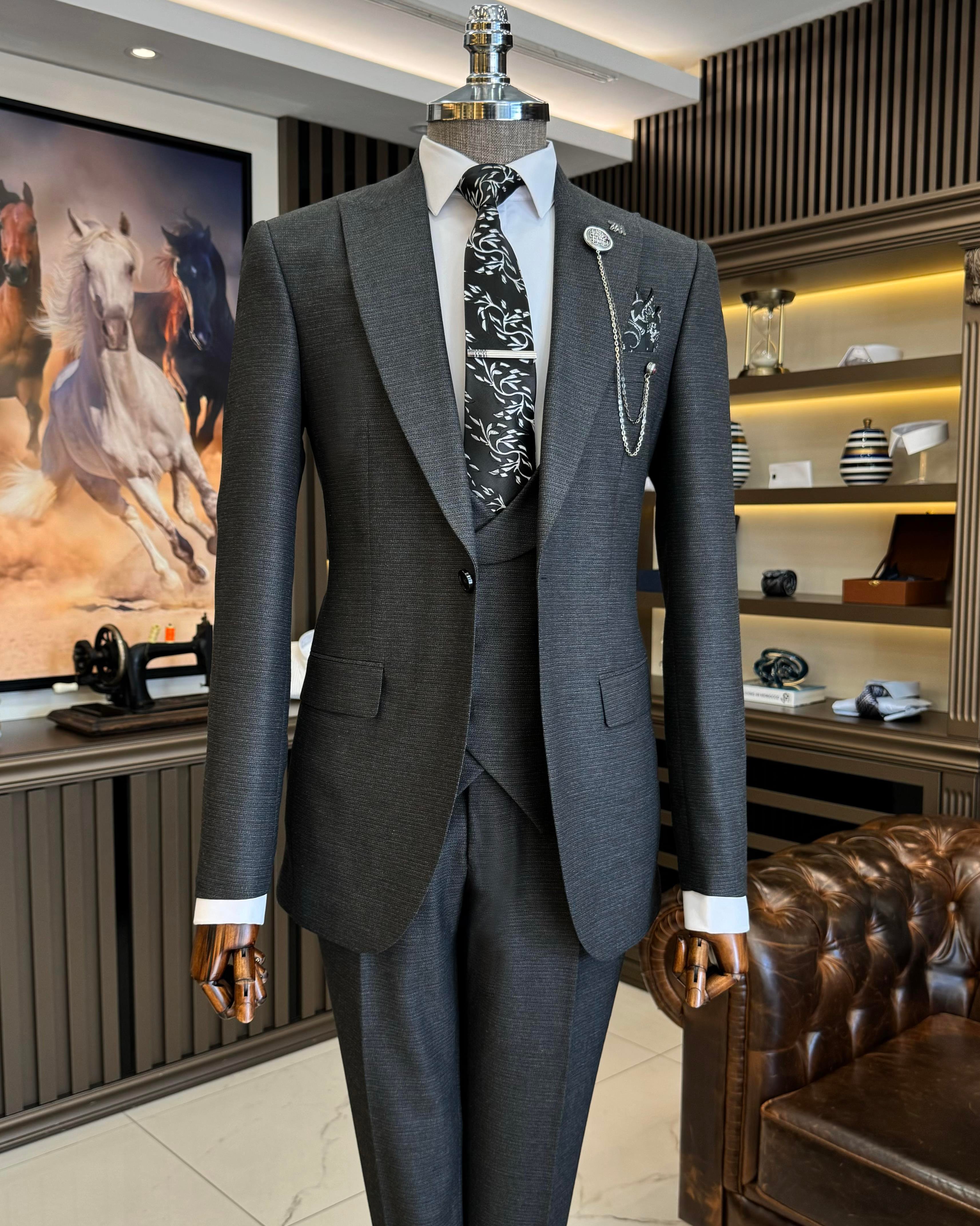 İtalyan stil slim fit ceket yelek pantolon takım elbise antrasit T10338