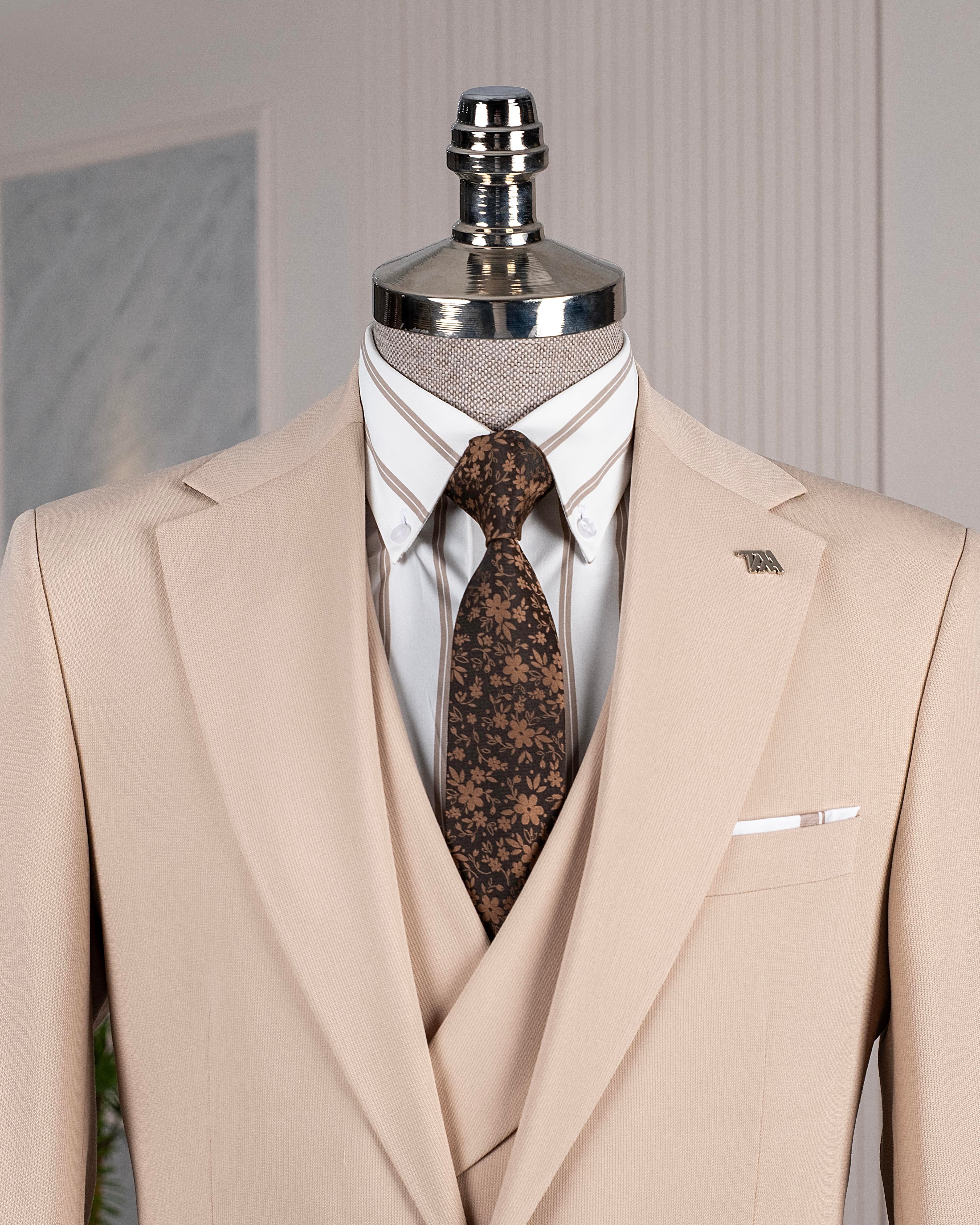 İtalyan stil slim fit ceket yelek pantolon takım elbise bej T14184