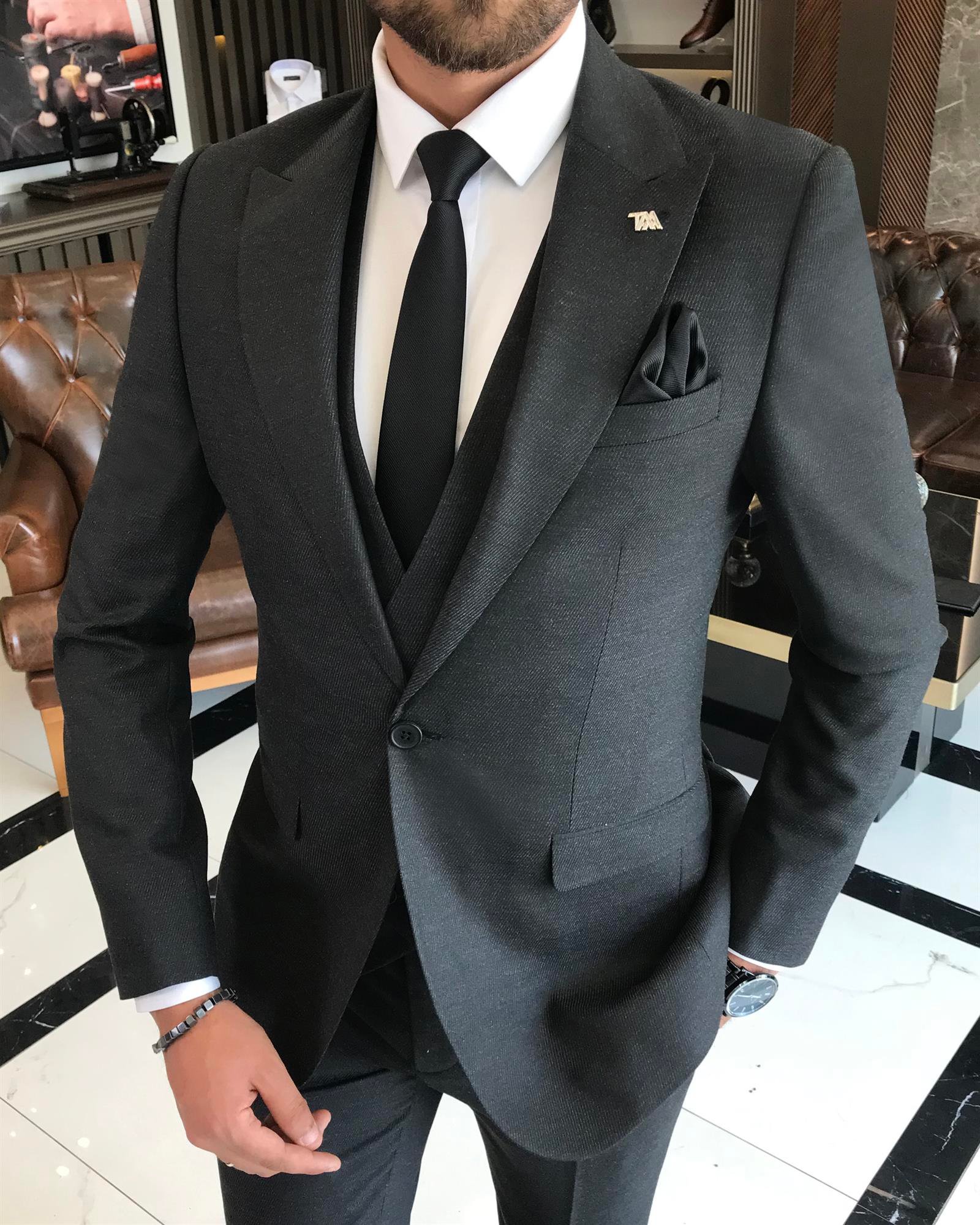 İtalyan stil slim fit ceket yelek pantolon takım elbise siyah T9764