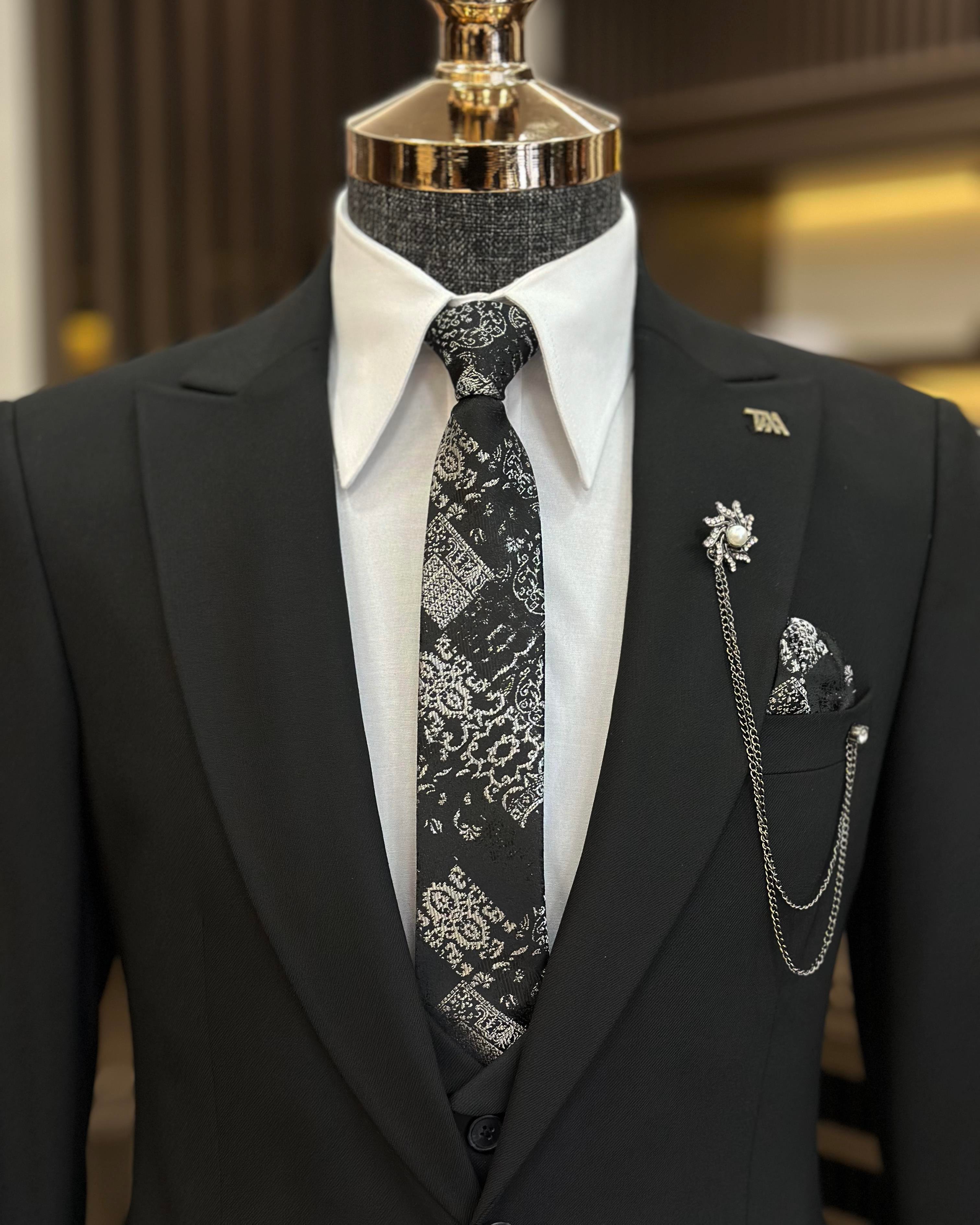 Italian style slim fit jacket vest trouser suit black T9971
