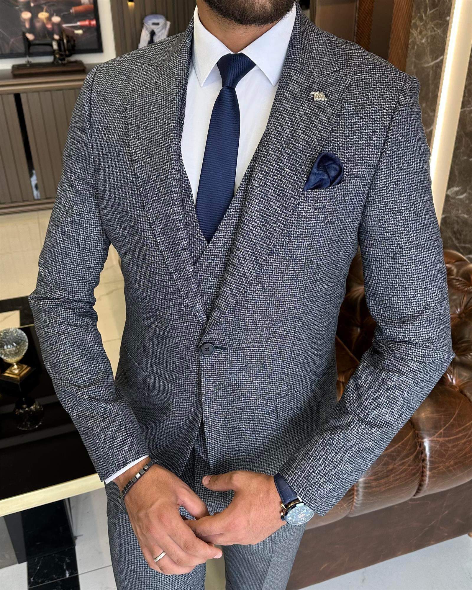Italian style slim fit jacket vest pant suit navy blue T9795