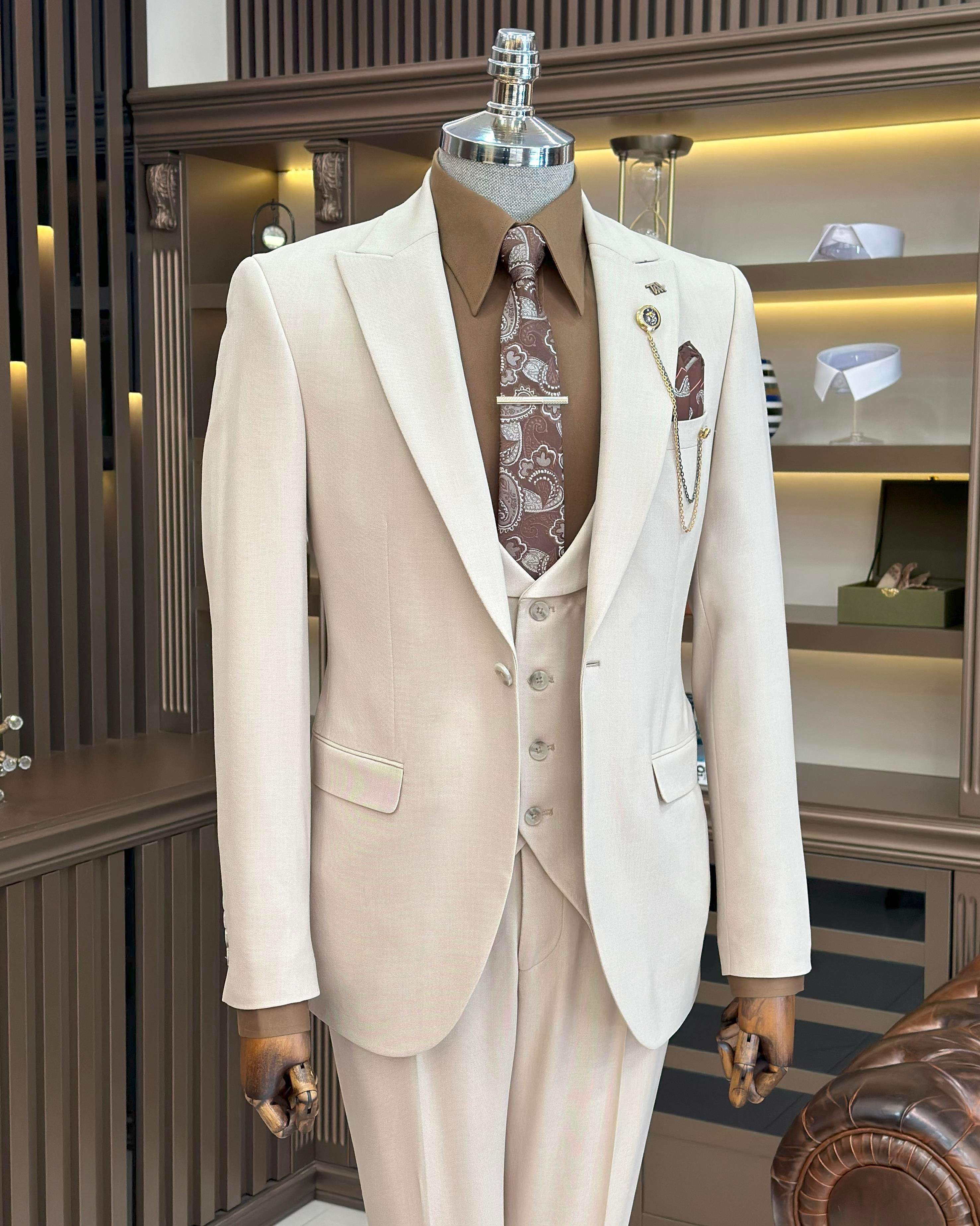  Italian style slim fit jacket vest trouser suit beige T9965