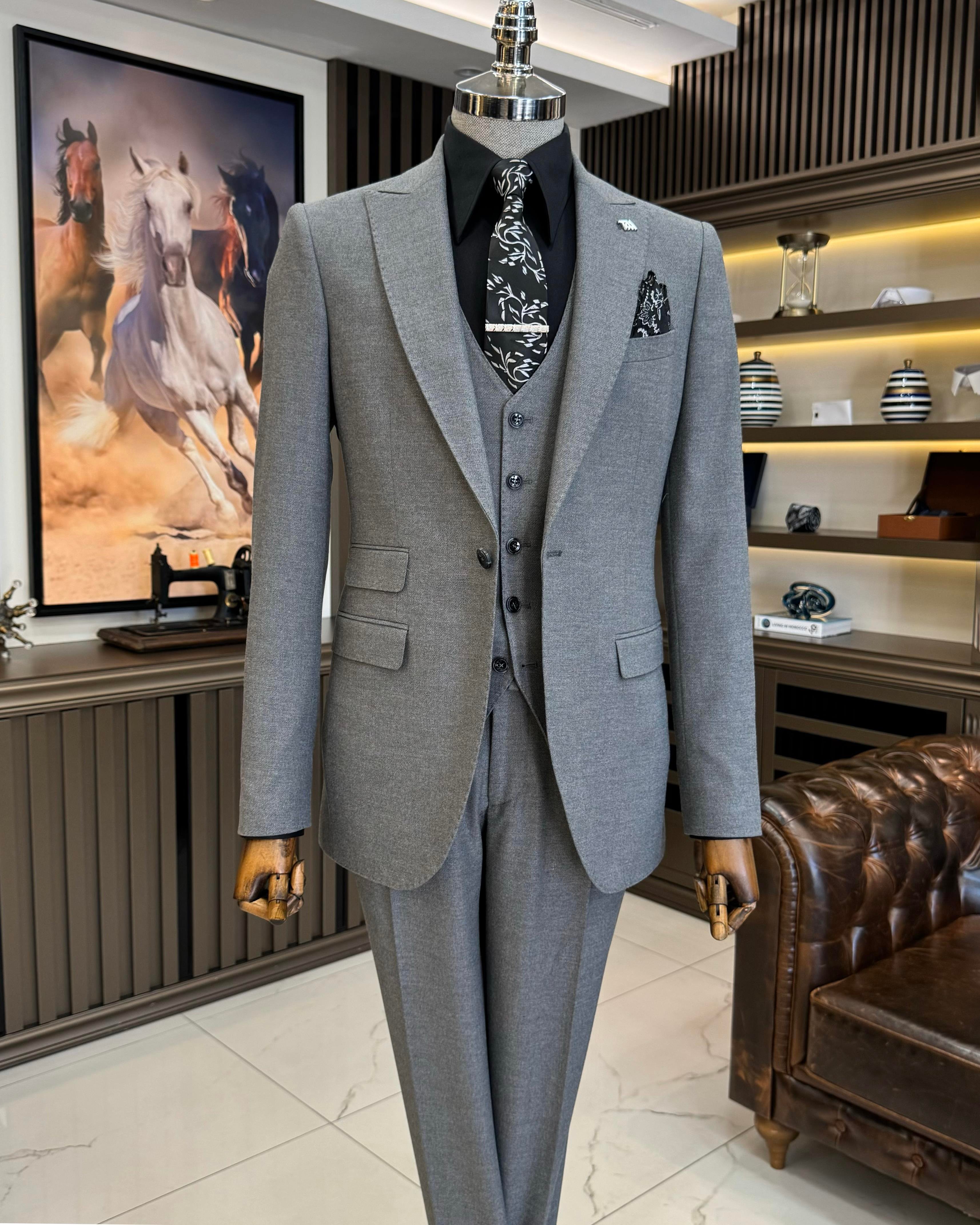 Italian style slim fit jacket vest trouser suit gray T11397