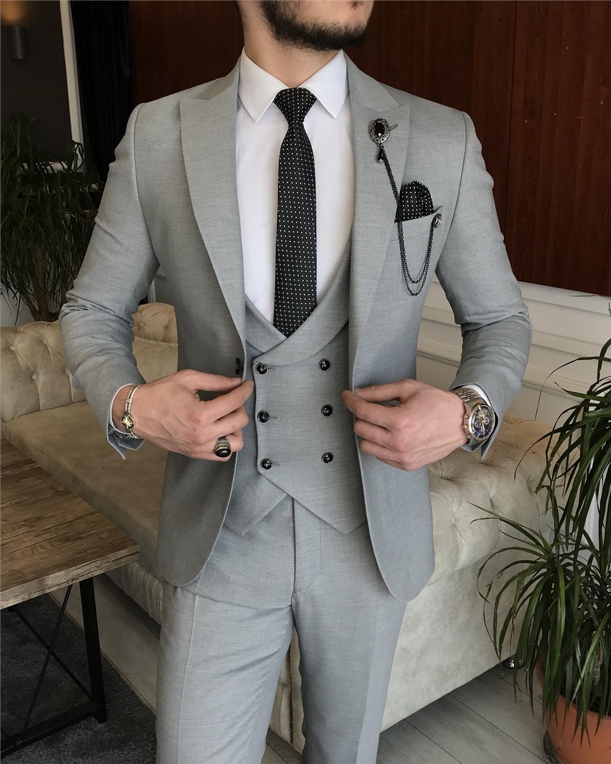 İtalyan stil slim fit ceket yelek pantolon gri takım elbise T7169