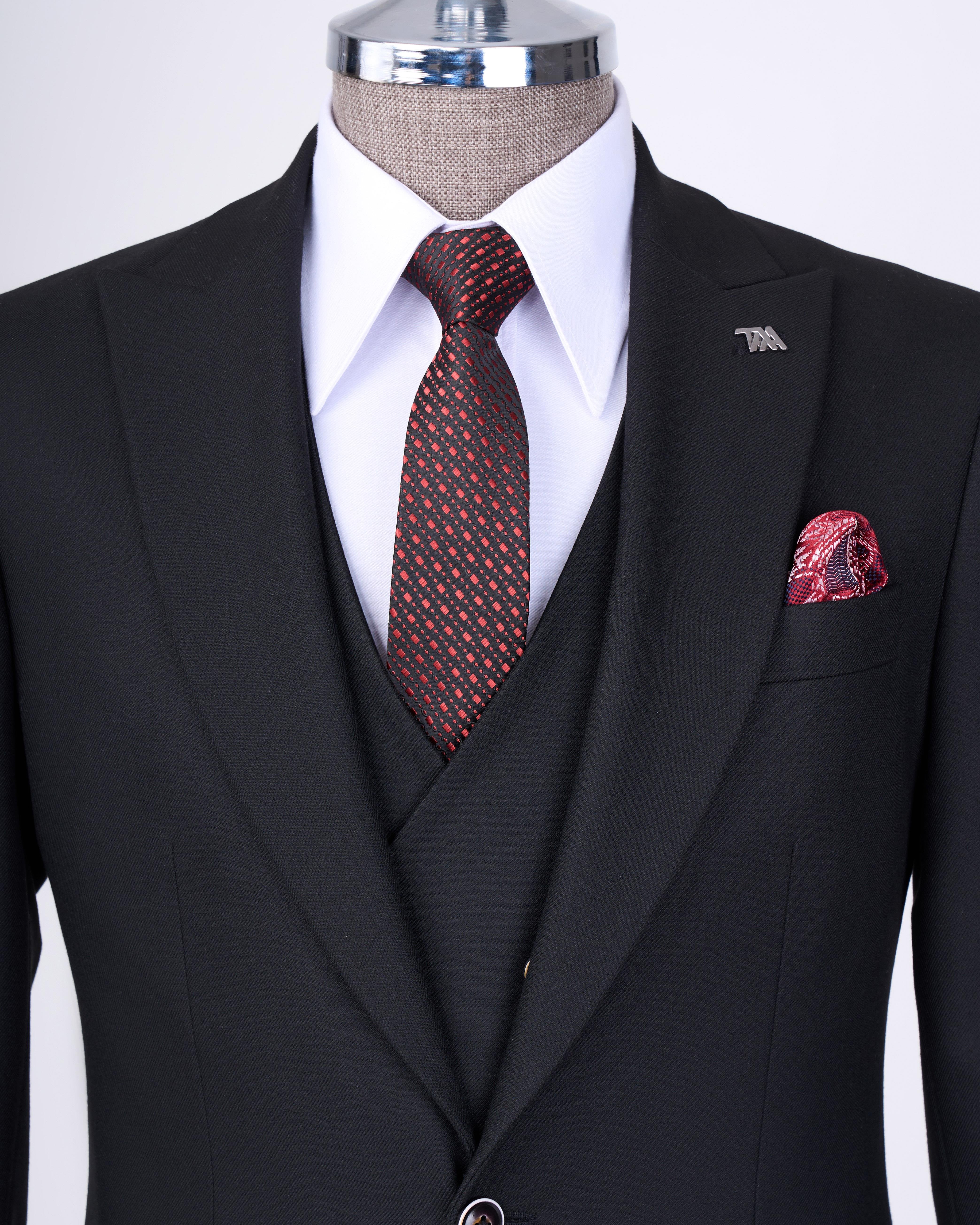 Italian style slim fit jacket vest pants suit black T13503