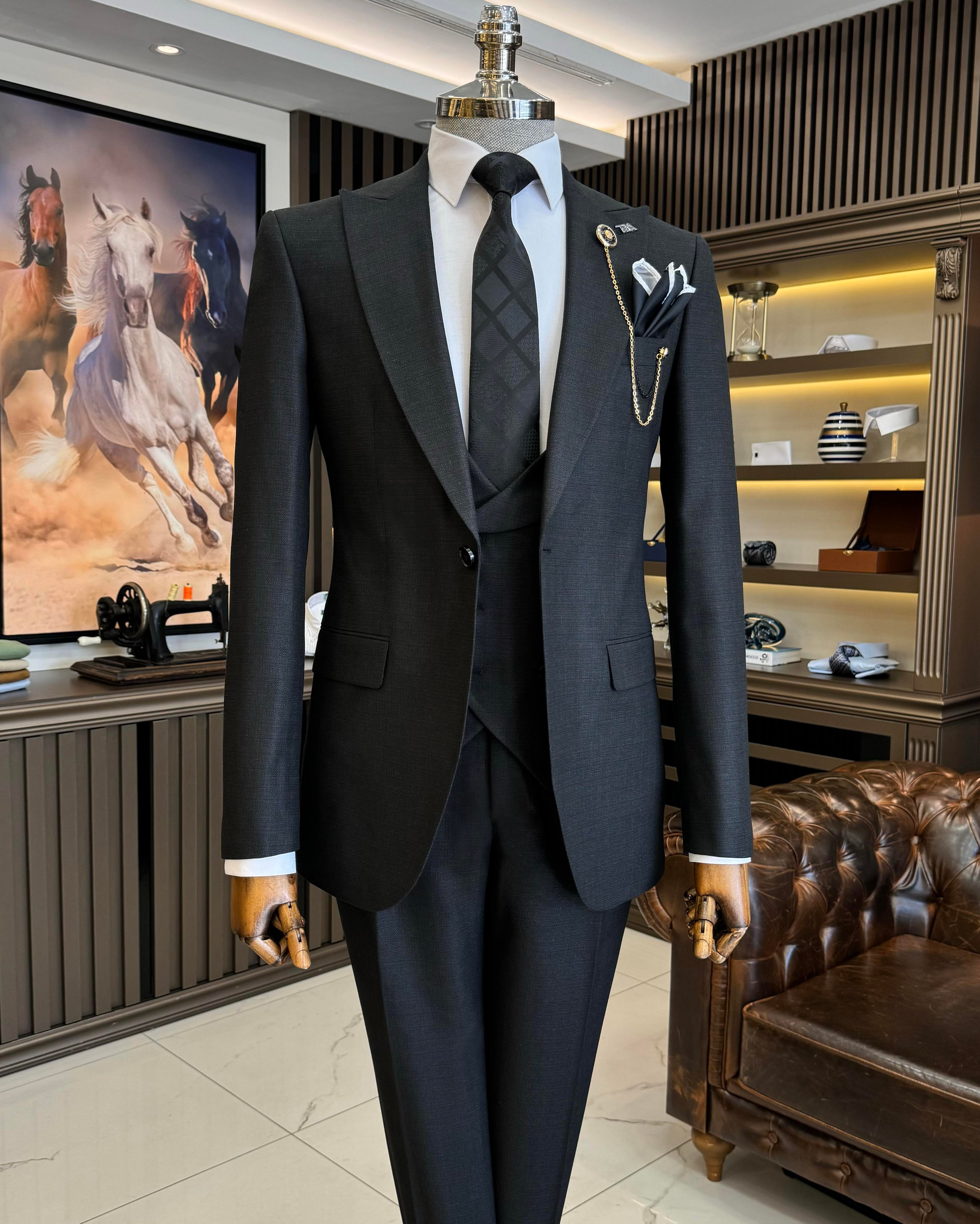 İtalyan stil slim fit ceket yelek pantolon takım elbise siyah T10340