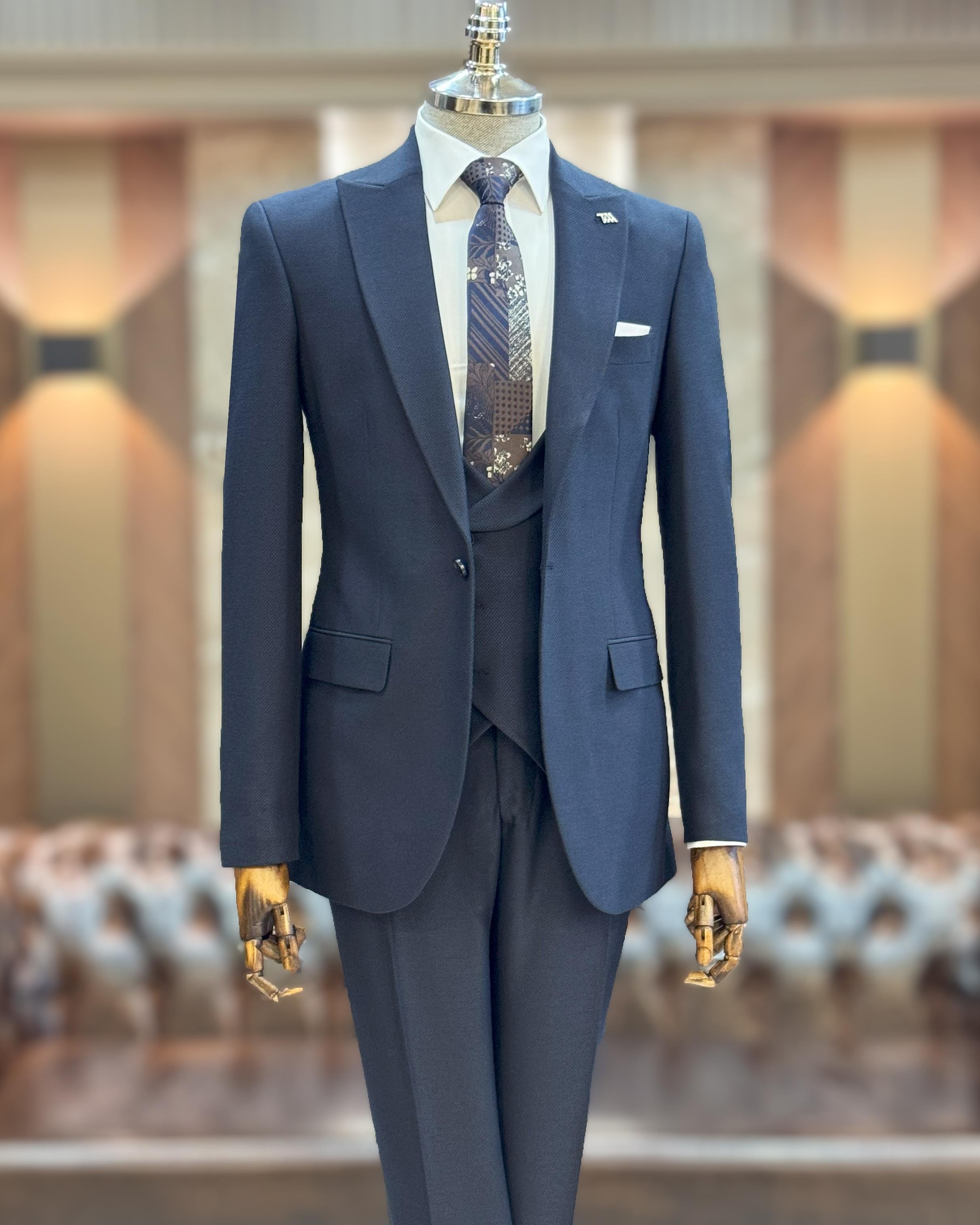 İtalyan stil slim fit ceket yelek pantolon takım elbise lacivert T10336